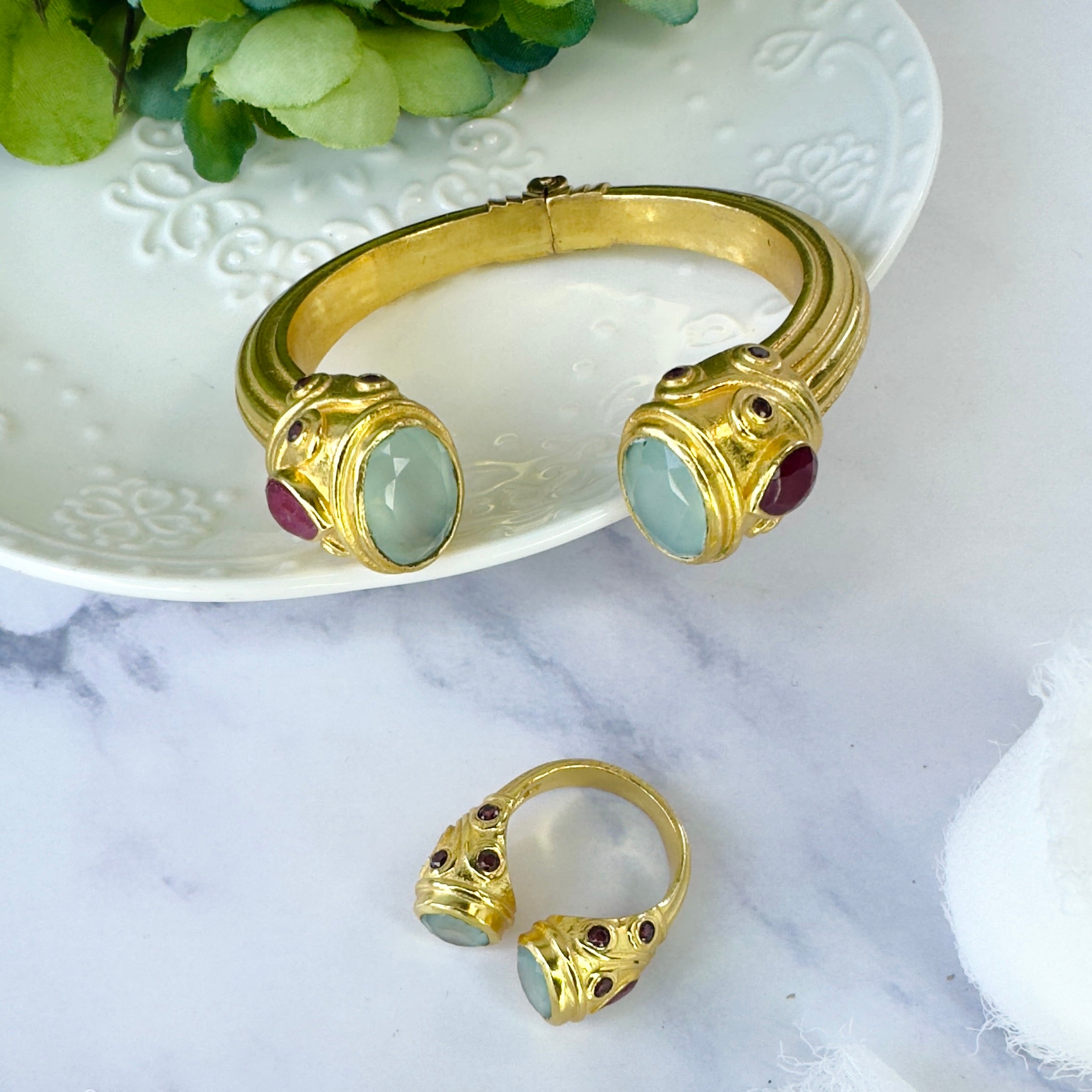 Constantinople Cuff in Chalcedony & Ruby in Aqua Chalcedony, gold plated, handcrafted gemstone bracelets Singapore