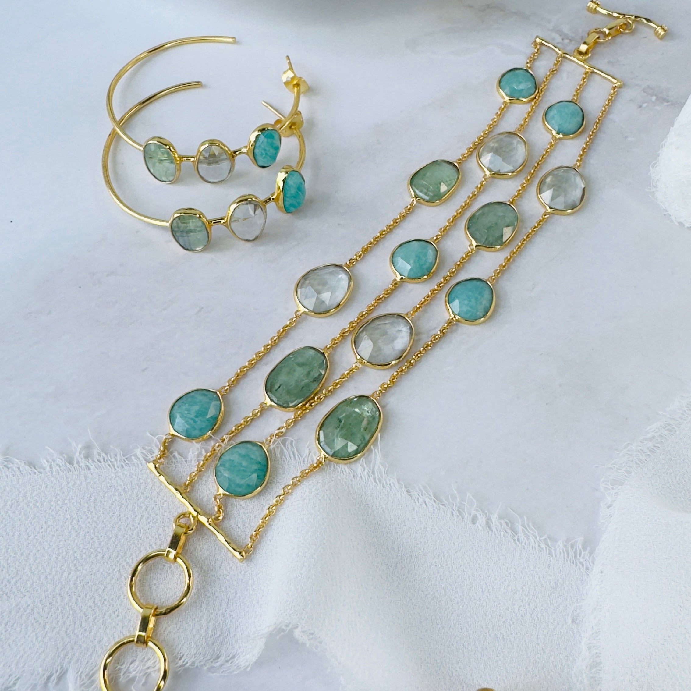 4-Line Bracelet in Green Kyanite, Prasiolite & Turquoise