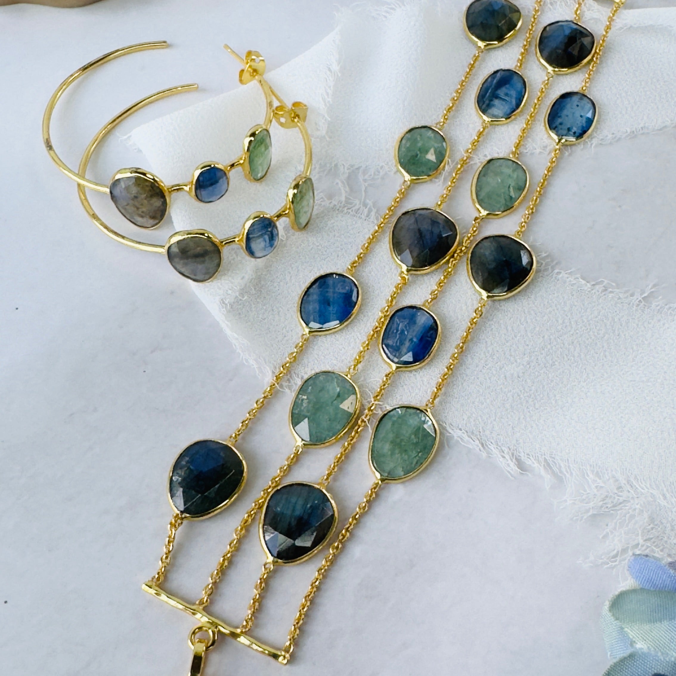 4-Line Bracelet in Labradorite, Green Kyanite & Blue Kyanite in Labradorite, gold plated, handcrafted gemstone bracelets Singapore