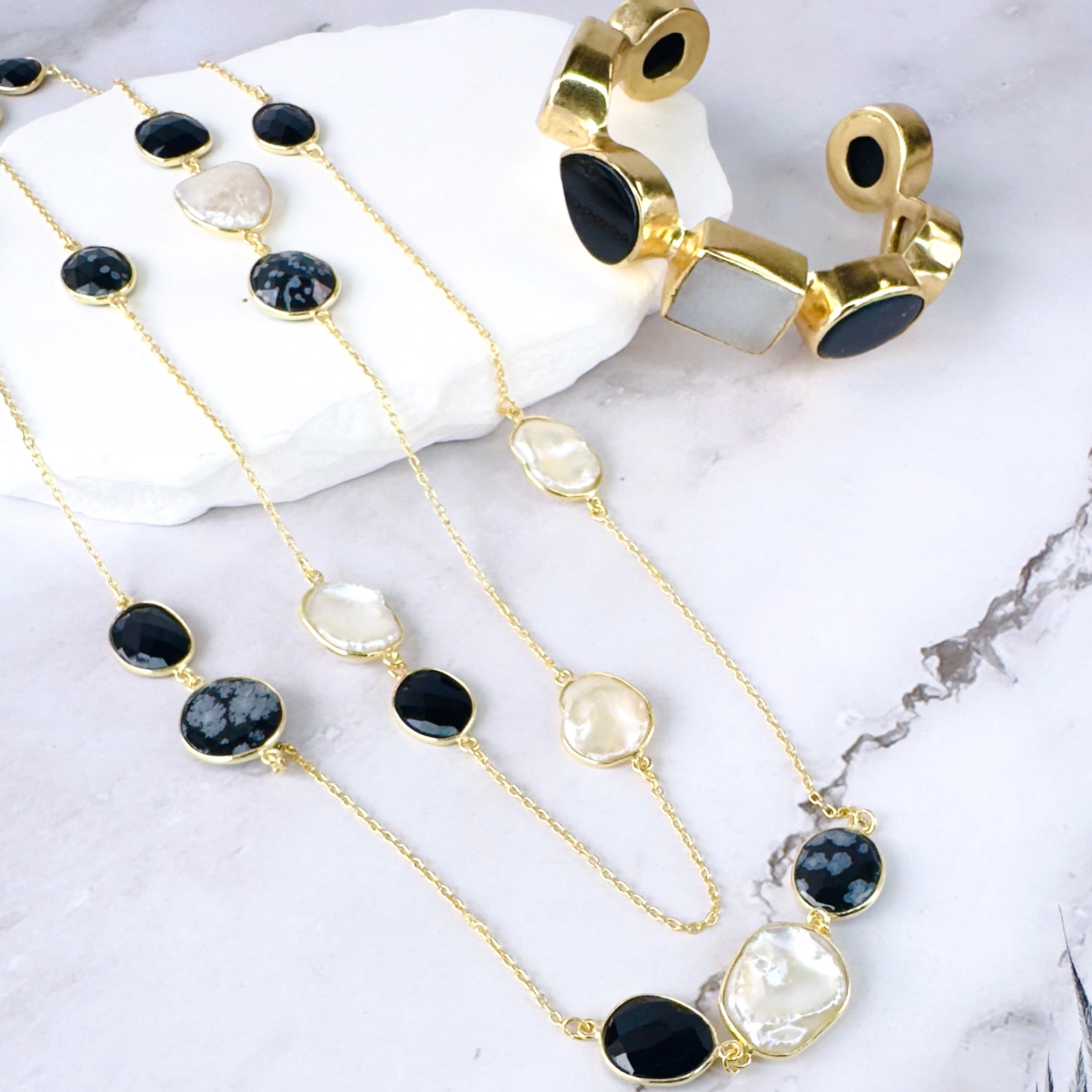 Necklace in Black Onyx, Obsidian & Coin Pearl in Black Onyx, gold plated, handcrafted gemstone necklace Singapore