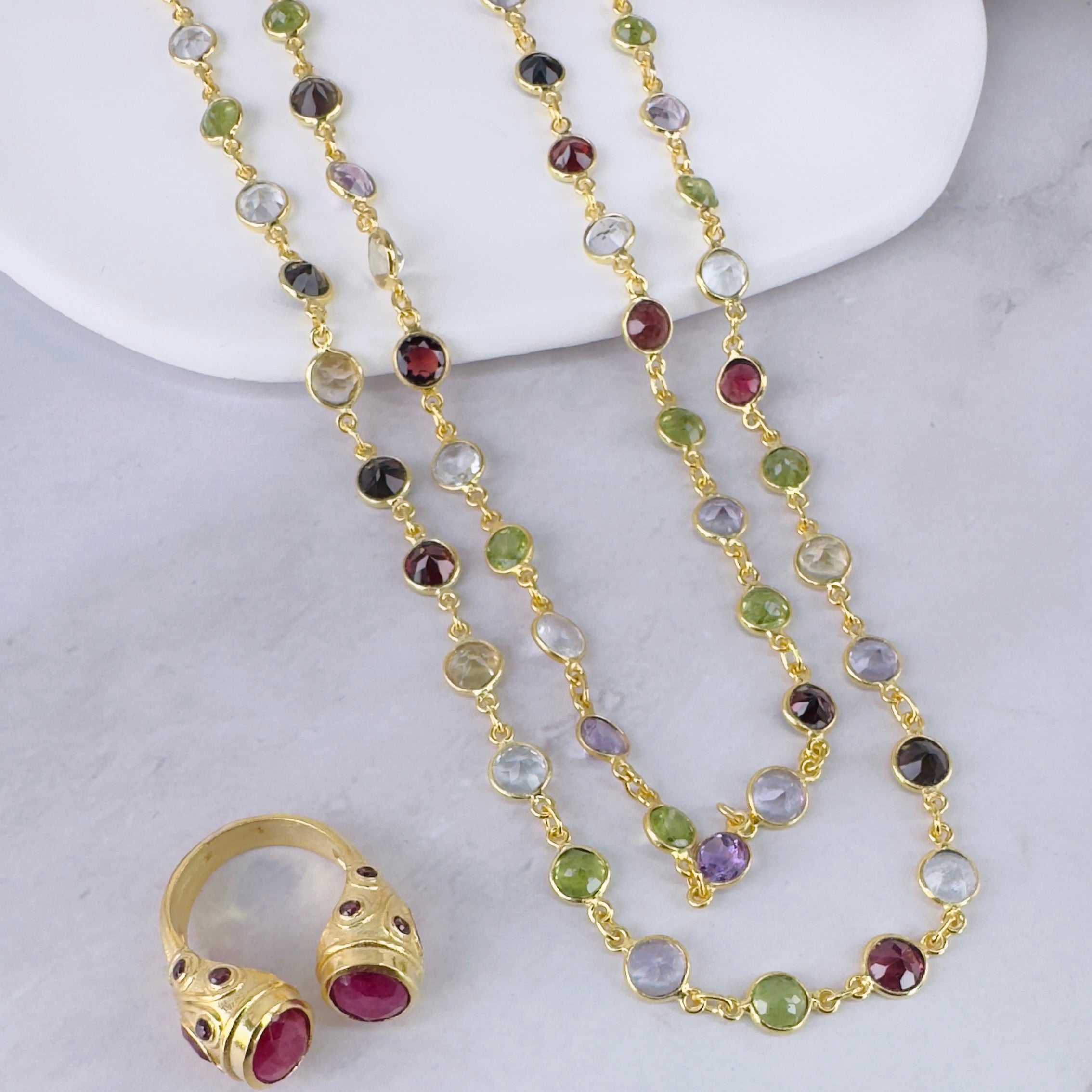 Bezel Set Multi Gemstone Necklace