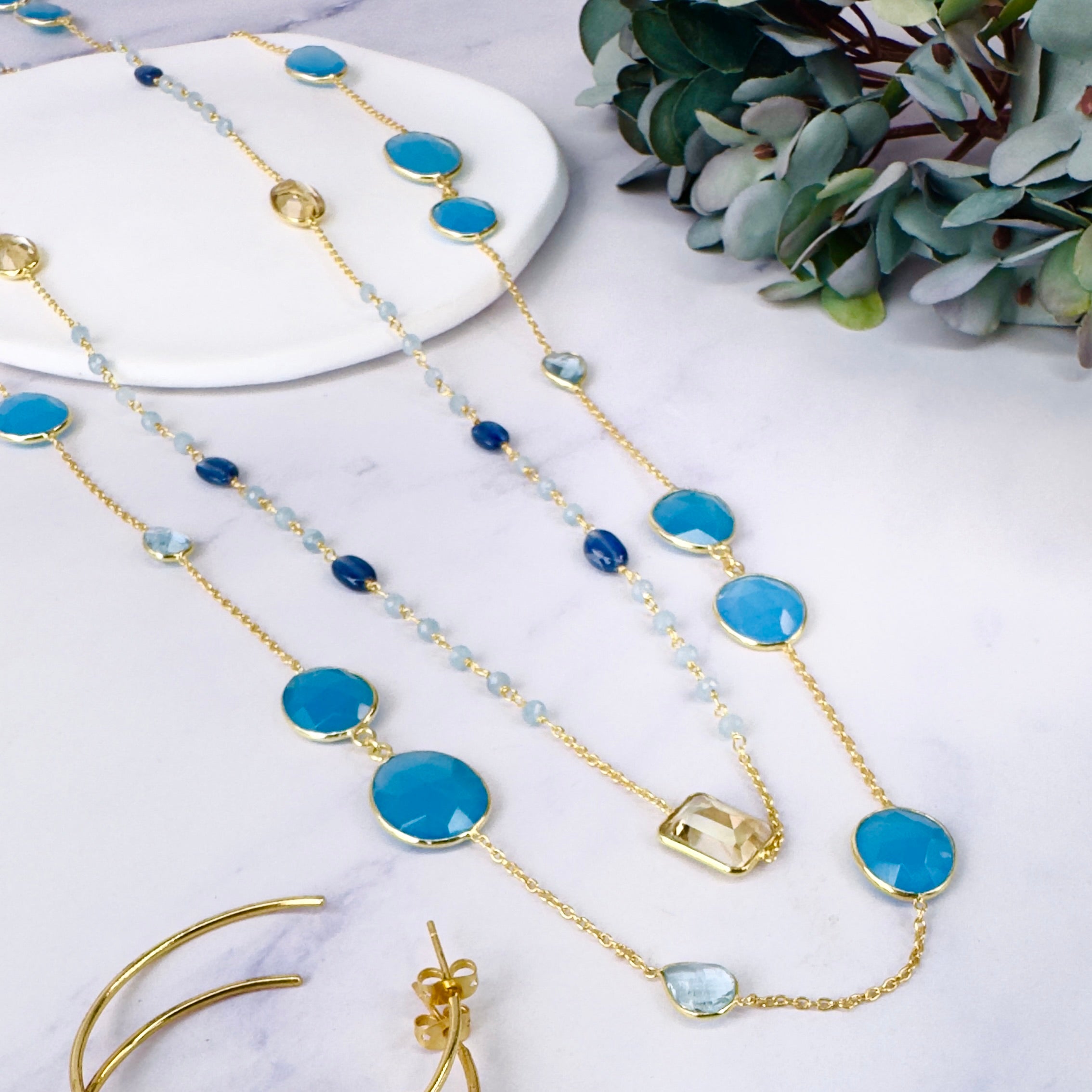 Necklace in Aquamarine, Citrine & Kyanite in Aquamarine, gold plated, handcrafted gemstone necklace Singapore
