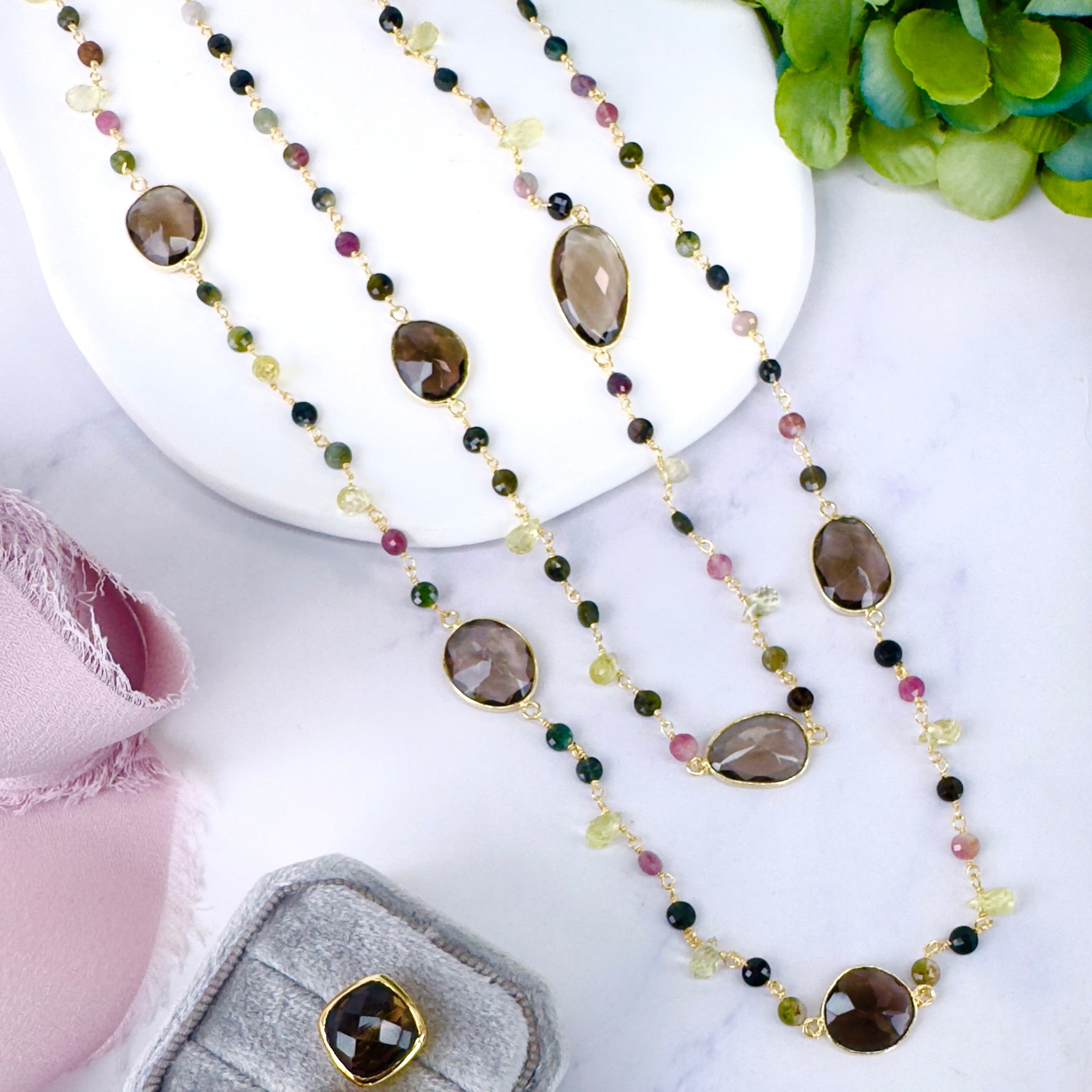 Necklace in Smoky Quartz & Tourmaline in Smoky Quartz, gold plated, handcrafted gemstone necklace Singapore