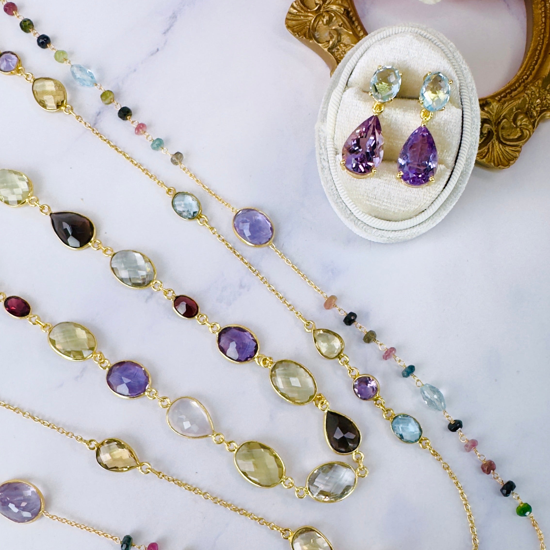 Isolde Earrings in Blue Topaz & Amethyst in Amethyst, gold plated, handcrafted gemstone earrings Singapore