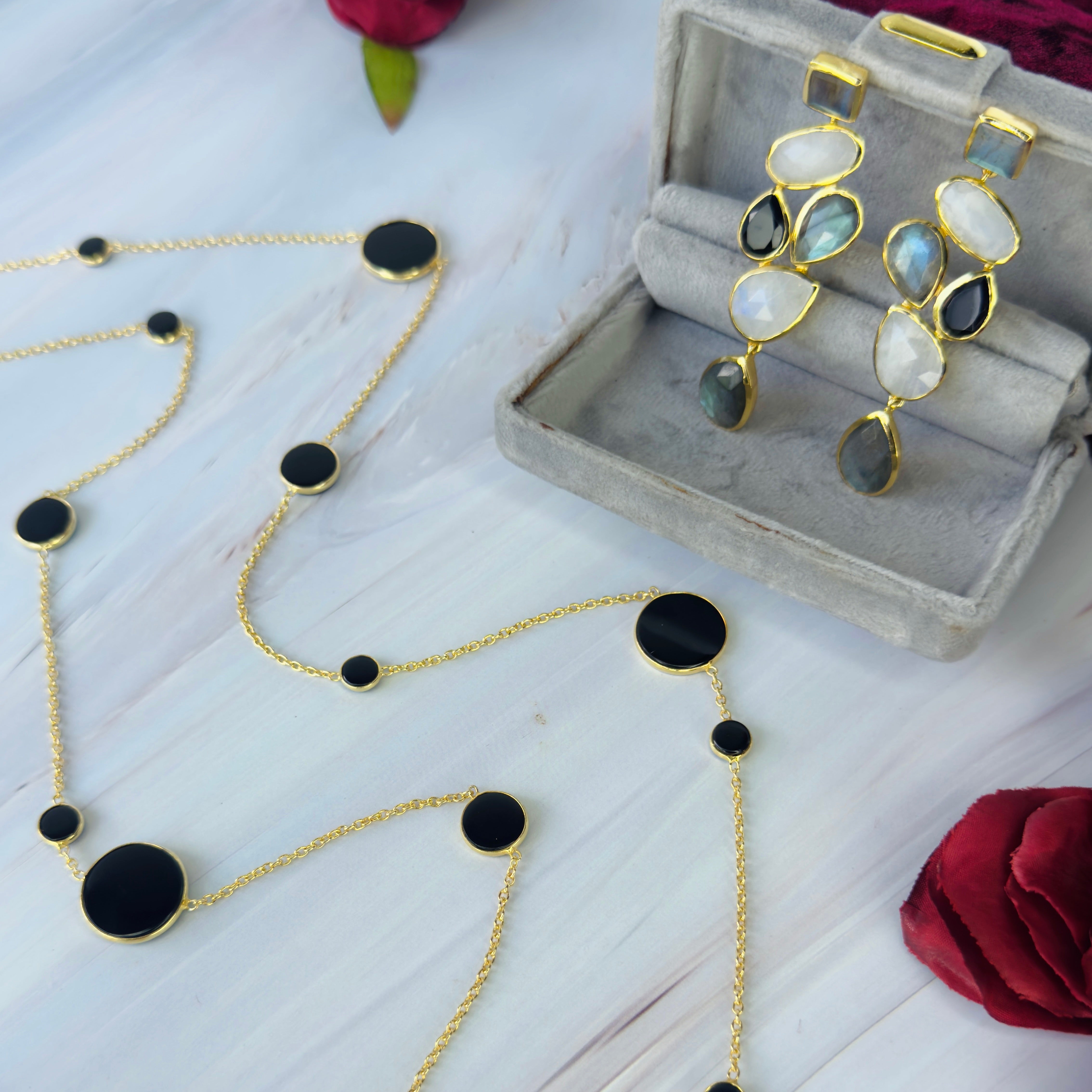 Necklace in Black Onyx Slices in Black Onyx, gold plated, handcrafted gemstone necklace Singapore
