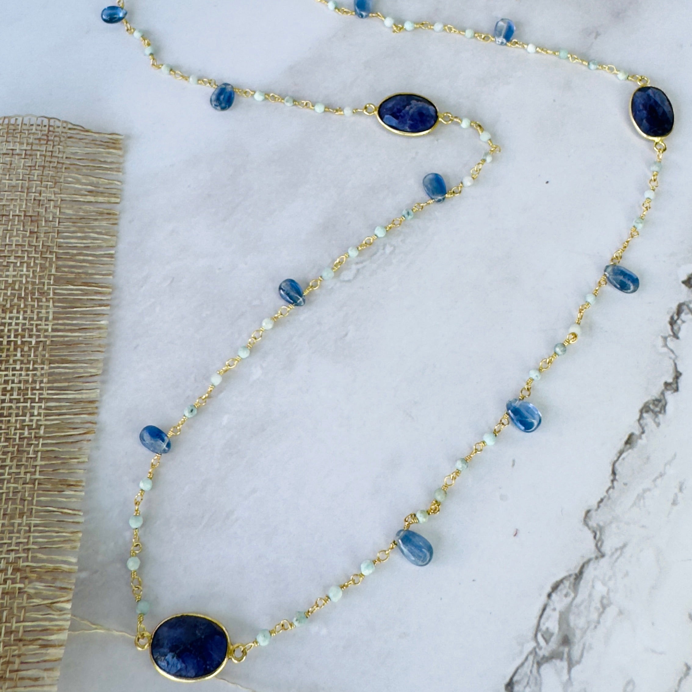 Necklace in Sapphire, Kyanite & Larimar in Labradorite, gold plated, handcrafted gemstone necklace Singapore