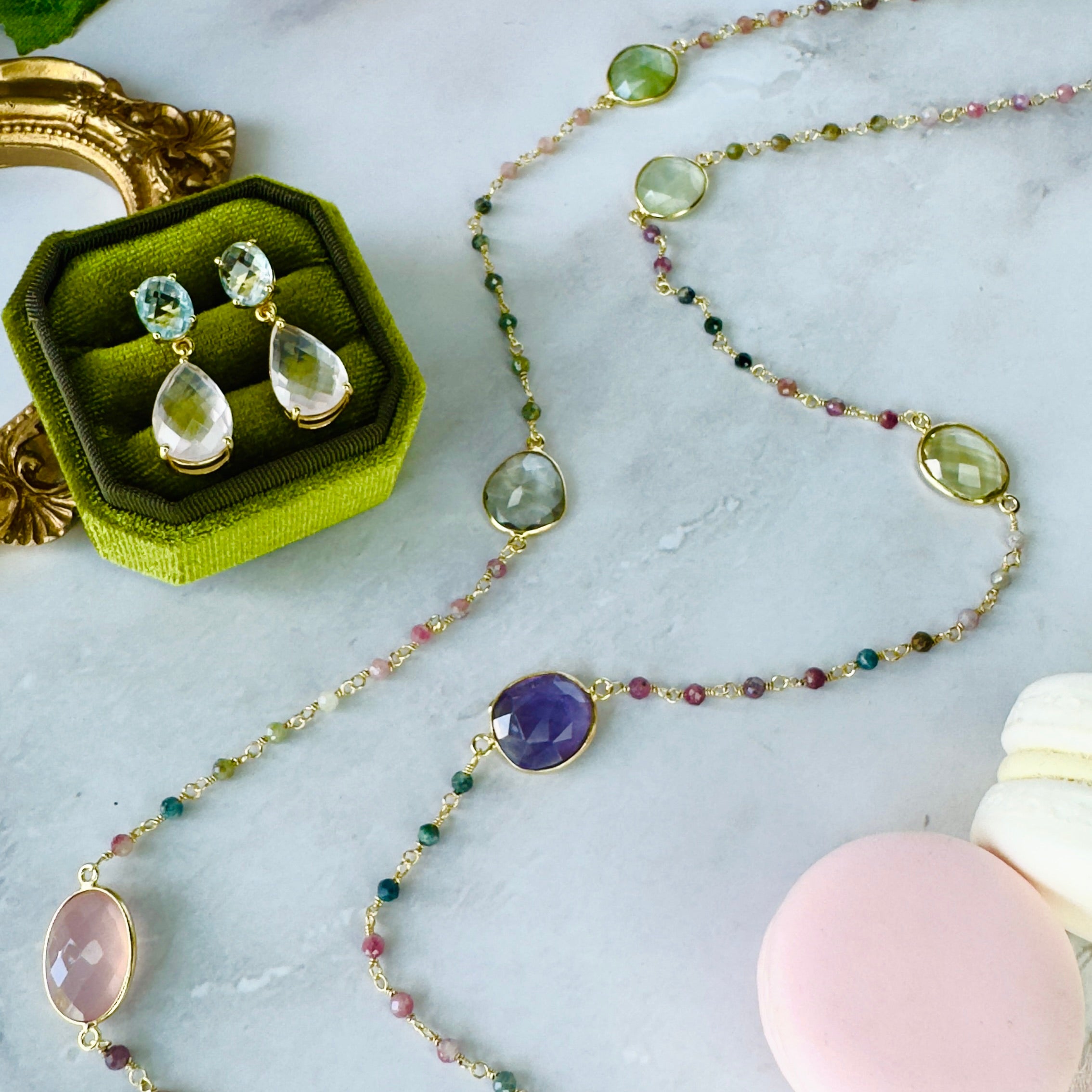 Isolde Earrings in Blue Topaz & Rose Quartz in Blue Topaz, gold plated, handcrafted gemstone earrings Singapore