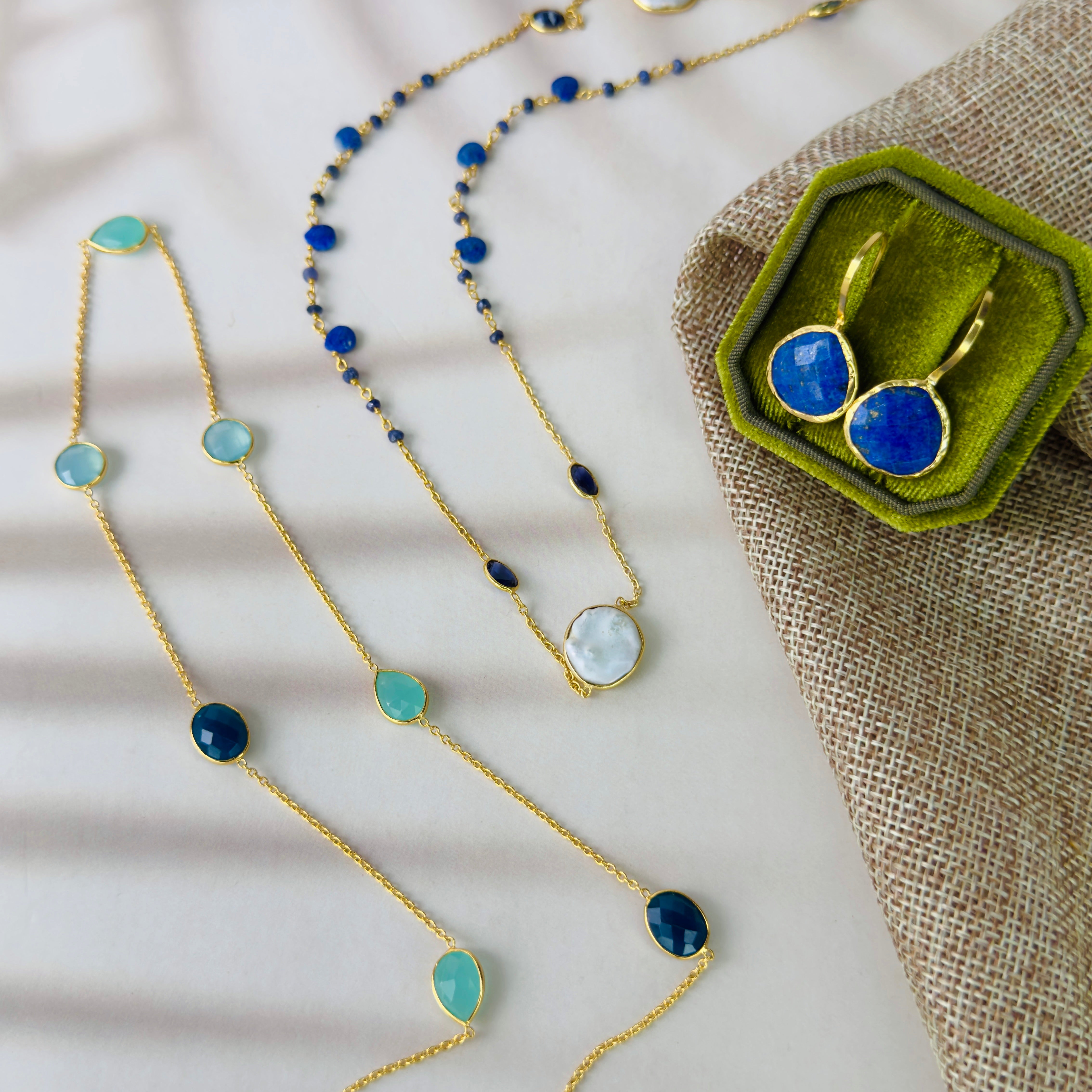 Necklace in Aqua Chalcedony & Lapis Blue Chalcedony in Aqua Chalcedony, gold plated, handcrafted gemstone necklace Singapore