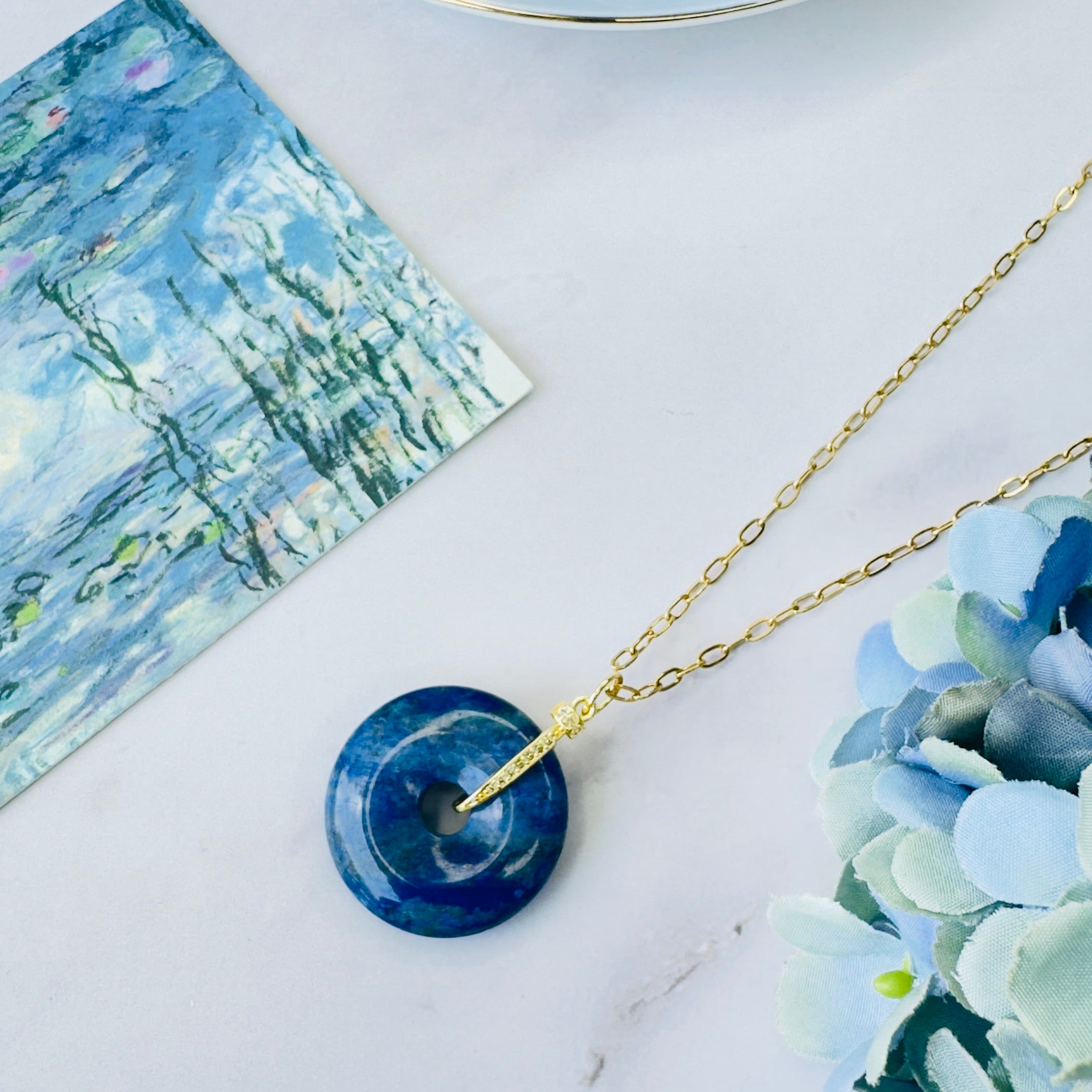 Modern Ming Lapis Lazuli Pi Disc on Link Chain in Lapis Lazuli, gold plated, handcrafted gemstone necklace Singapore