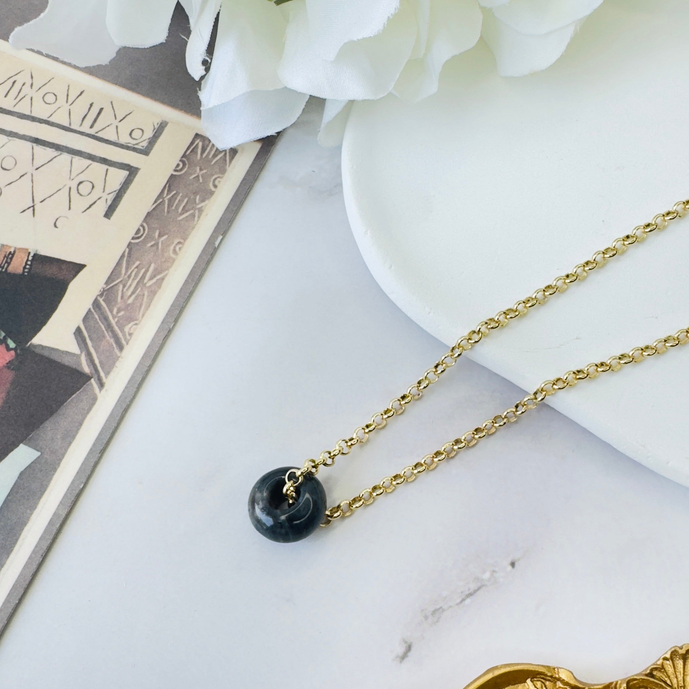 Modern Ming Black Agate Pi Disc on Rolo Chain in Black Agate, gold plated, handcrafted gemstone necklace Singapore
