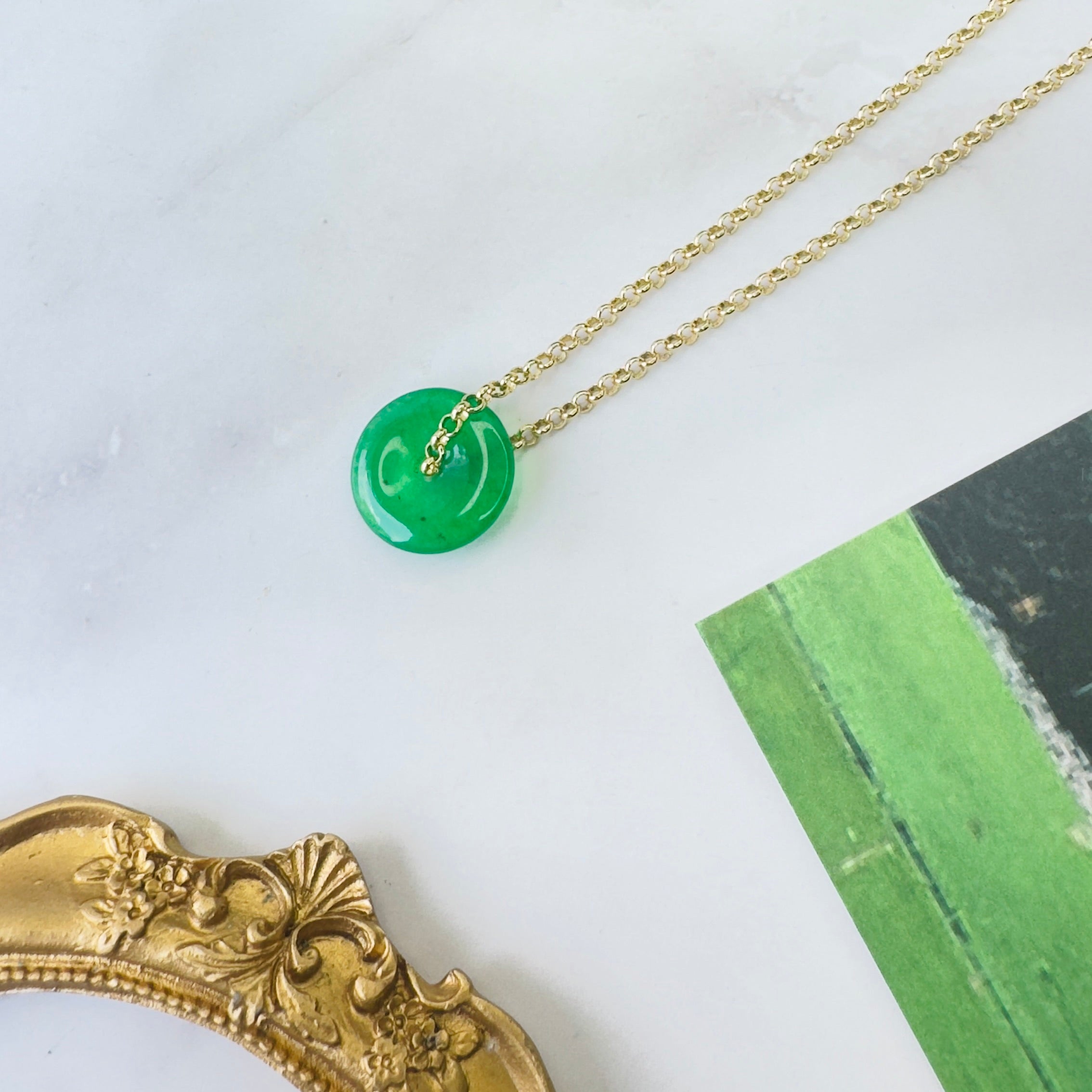 Modern Ming Jade Pi Disc on Rolo Chain in Jade, gold plated, handcrafted gemstone necklace Singapore