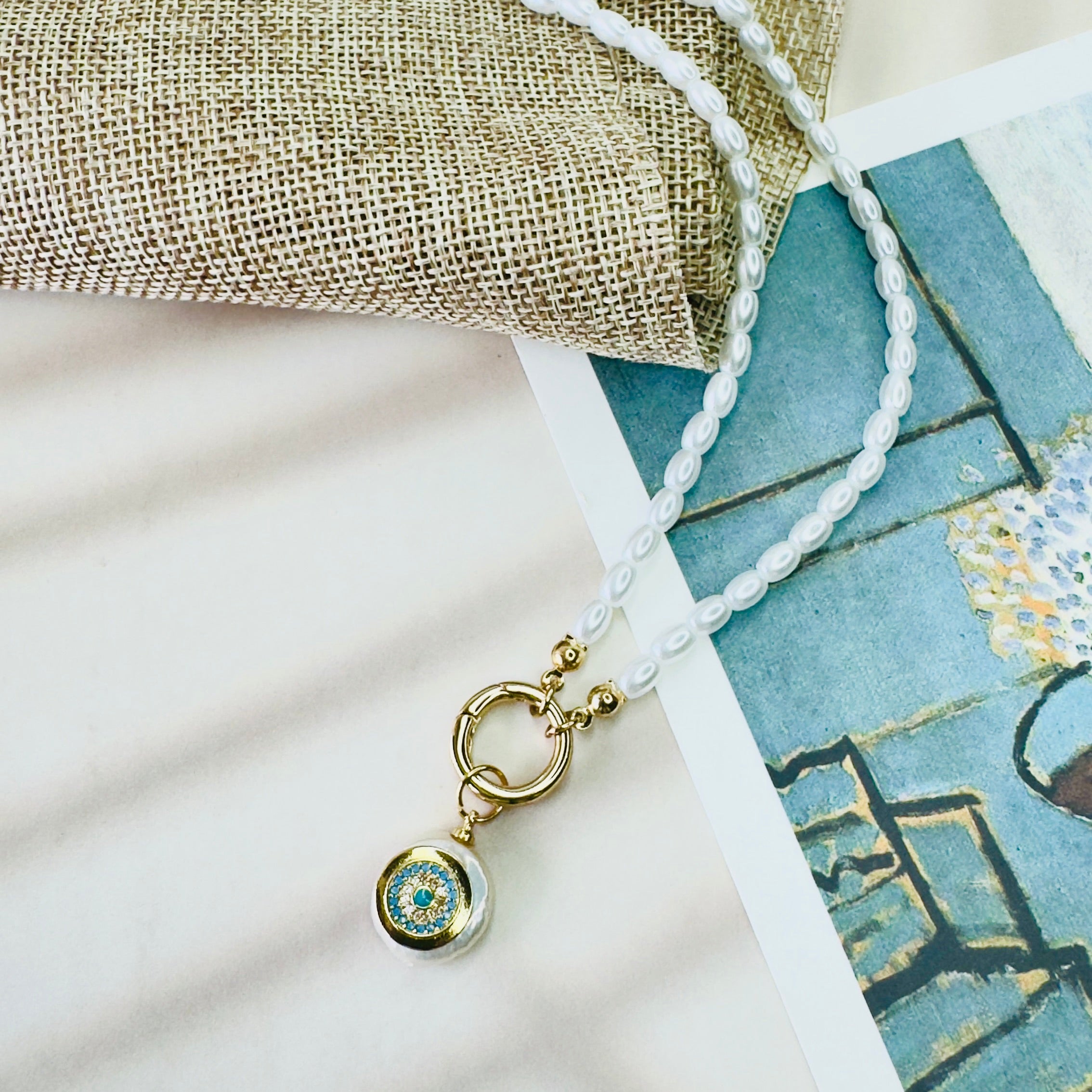Pearl Necklace with Evil Eye Charm in Pearl, gold plated, handcrafted gemstone necklace Singapore