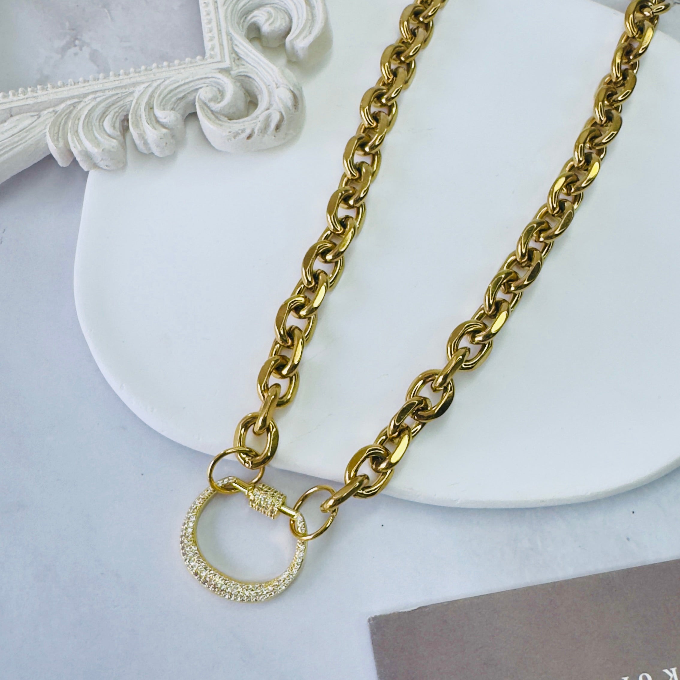 DNA Chain Necklace in Gold with Gold Carabiner in Zircon, gold plated, handcrafted gemstone necklace Singapore