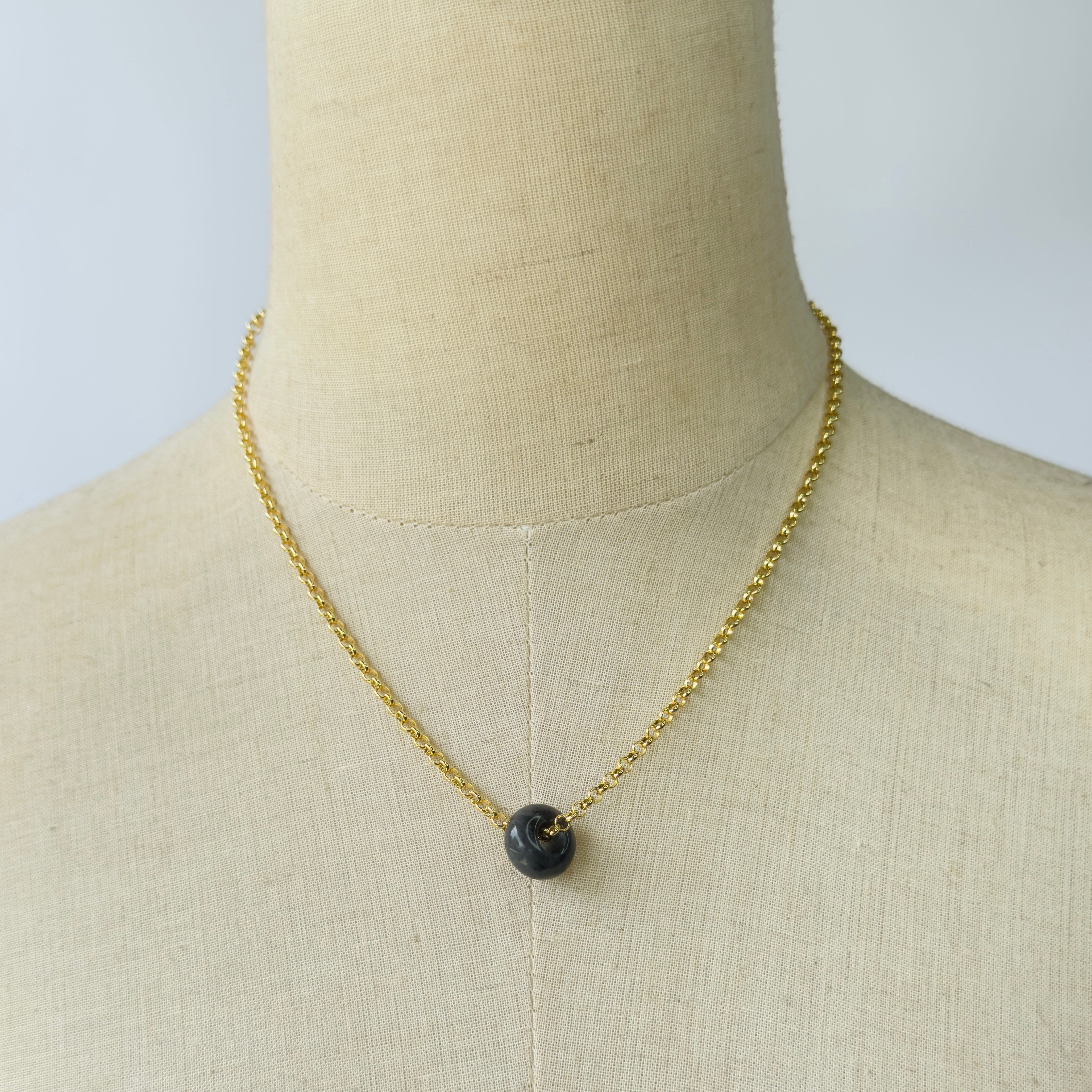 Modern Ming Black Agate Pi Disc on Rolo Chain in Black Agate, gold plated, handcrafted gemstone necklace Singapore