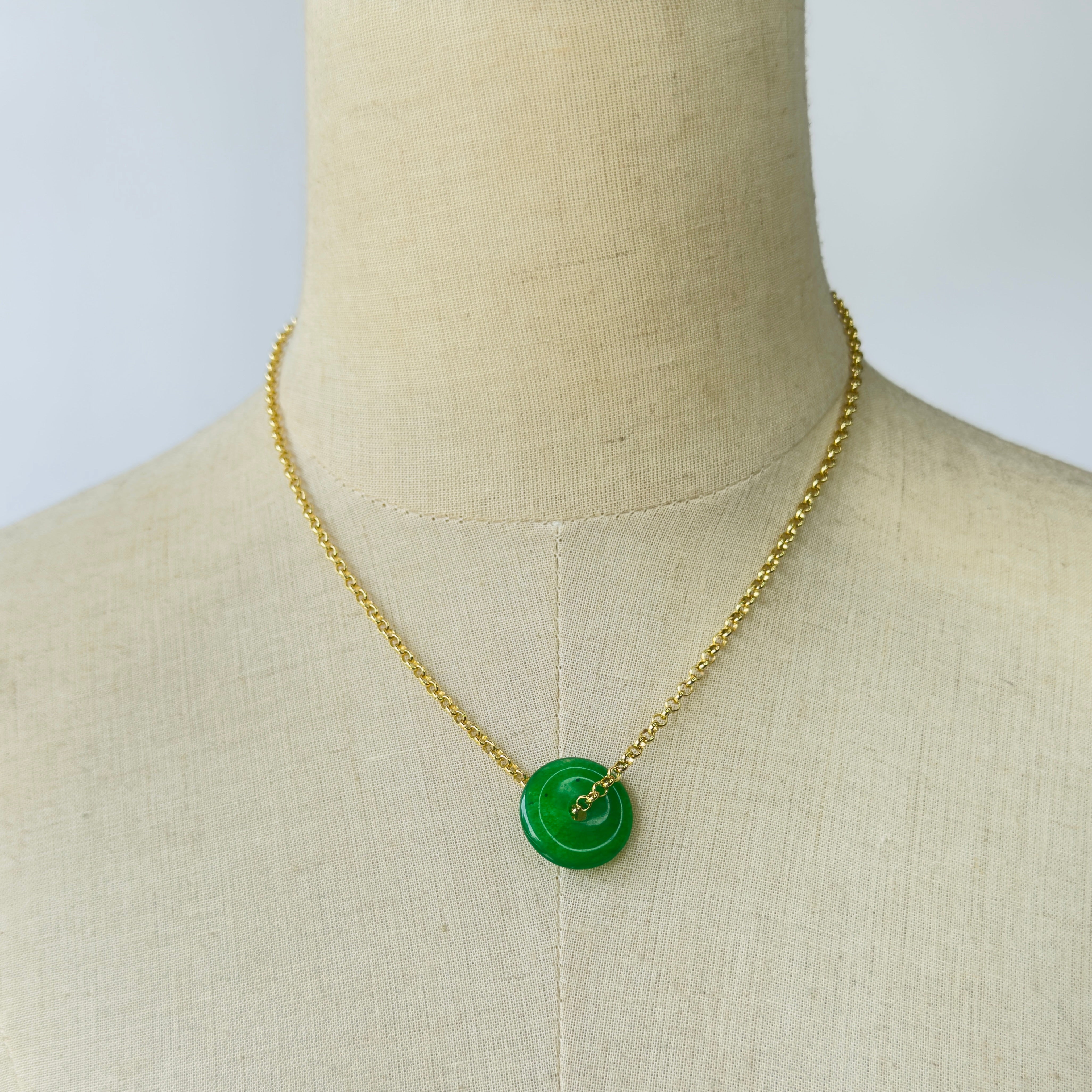Modern Ming Jade Pi Disc on Rolo Chain in Jade, gold plated, handcrafted gemstone necklace Singapore