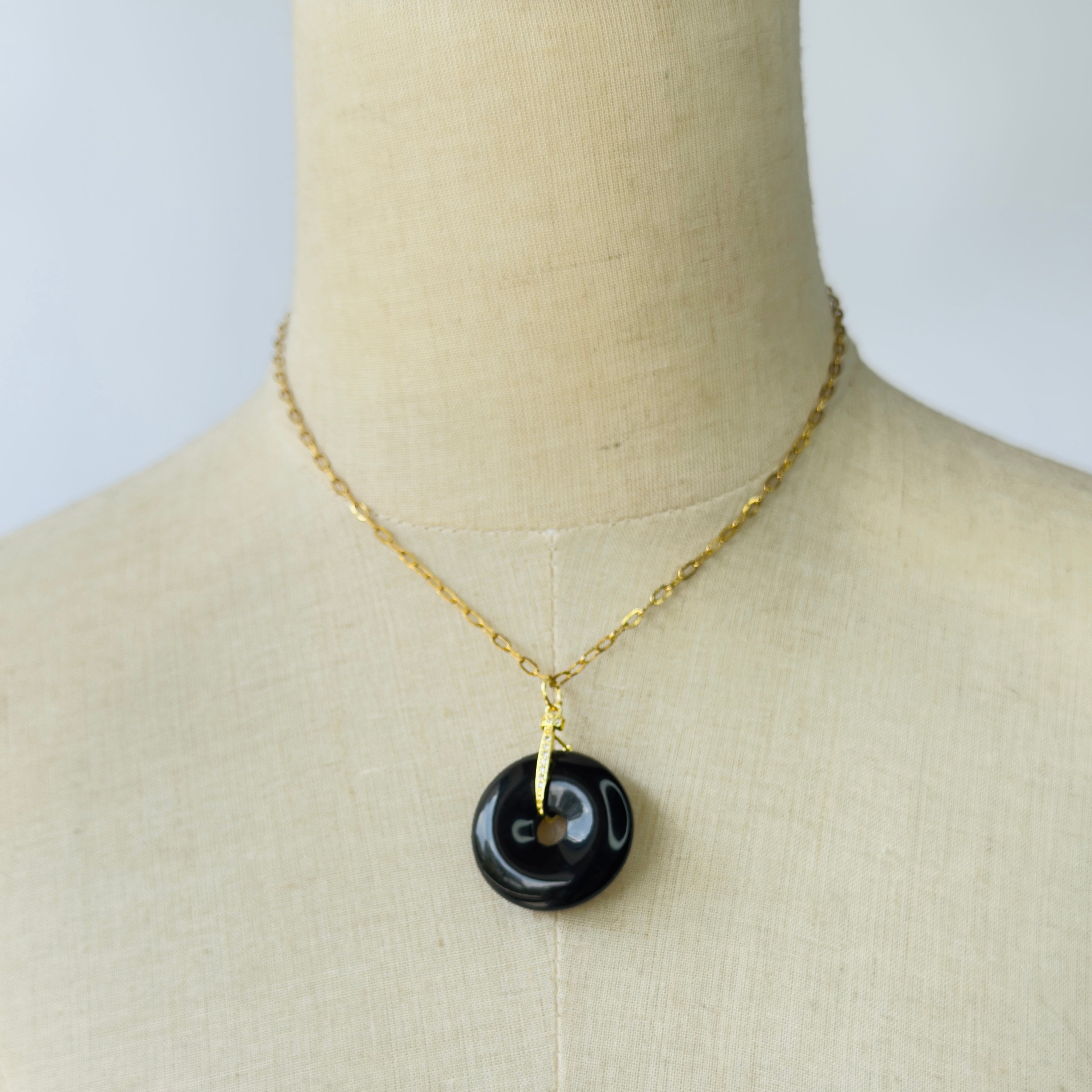Modern Ming Black Onyx Pi Disc on Link Chain in Black Onyx, gold plated, handcrafted gemstone necklace Singapore