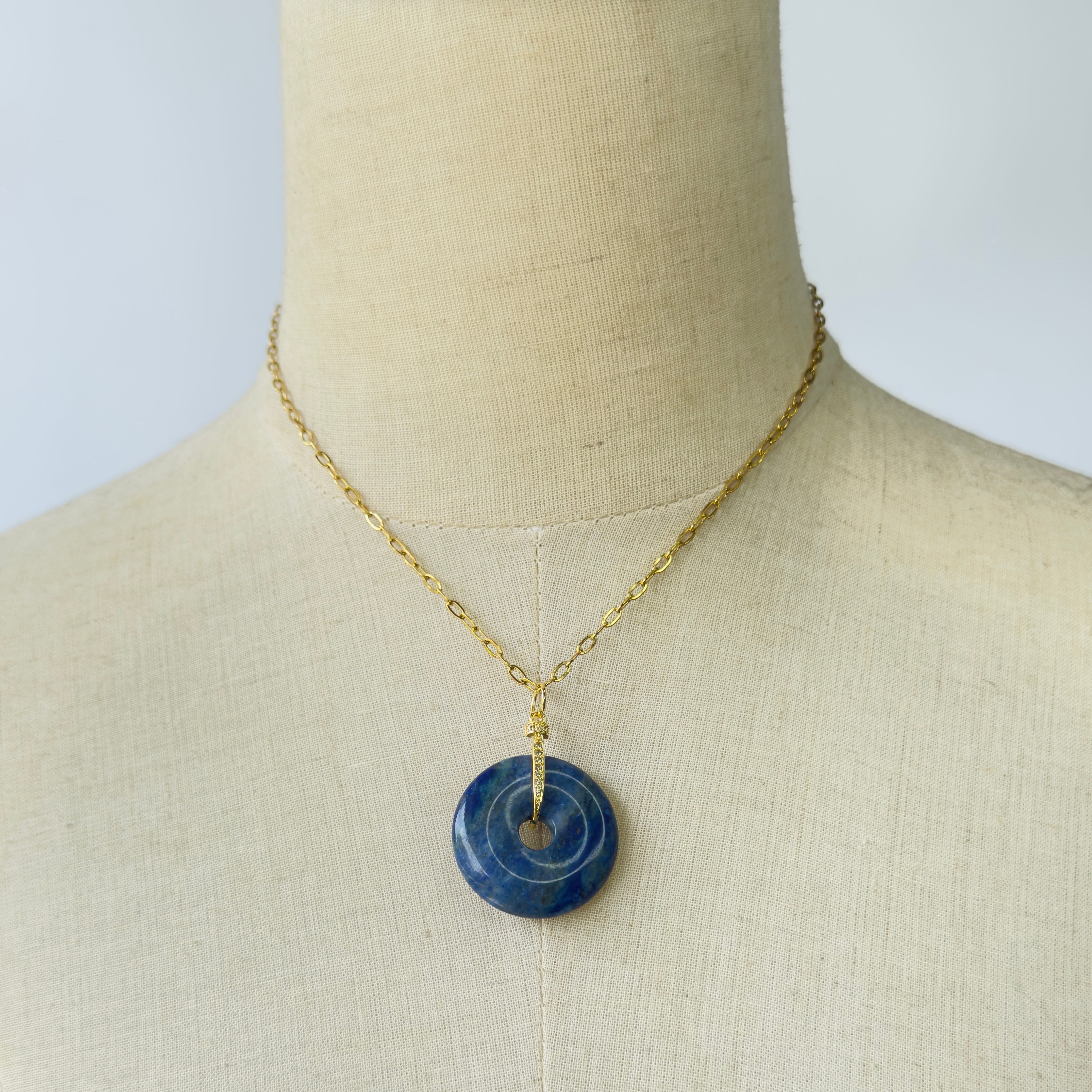 Modern Ming Lapis Lazuli Pi Disc on Link Chain in Lapis Lazuli, gold plated, handcrafted gemstone necklace Singapore