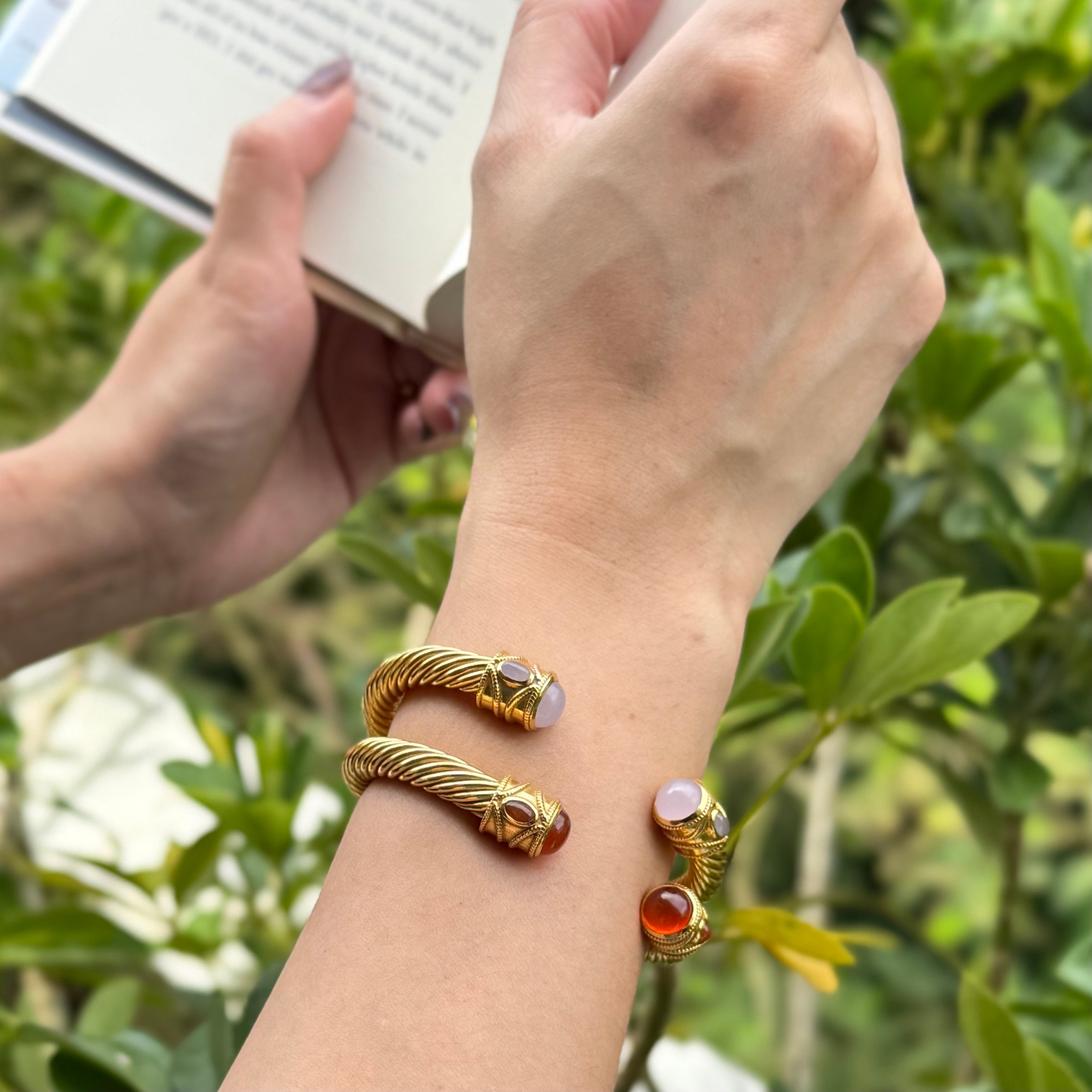 Cable cuff in Pink Chalcedony, gold plated, handcrafted gemstone bracelets Singapore