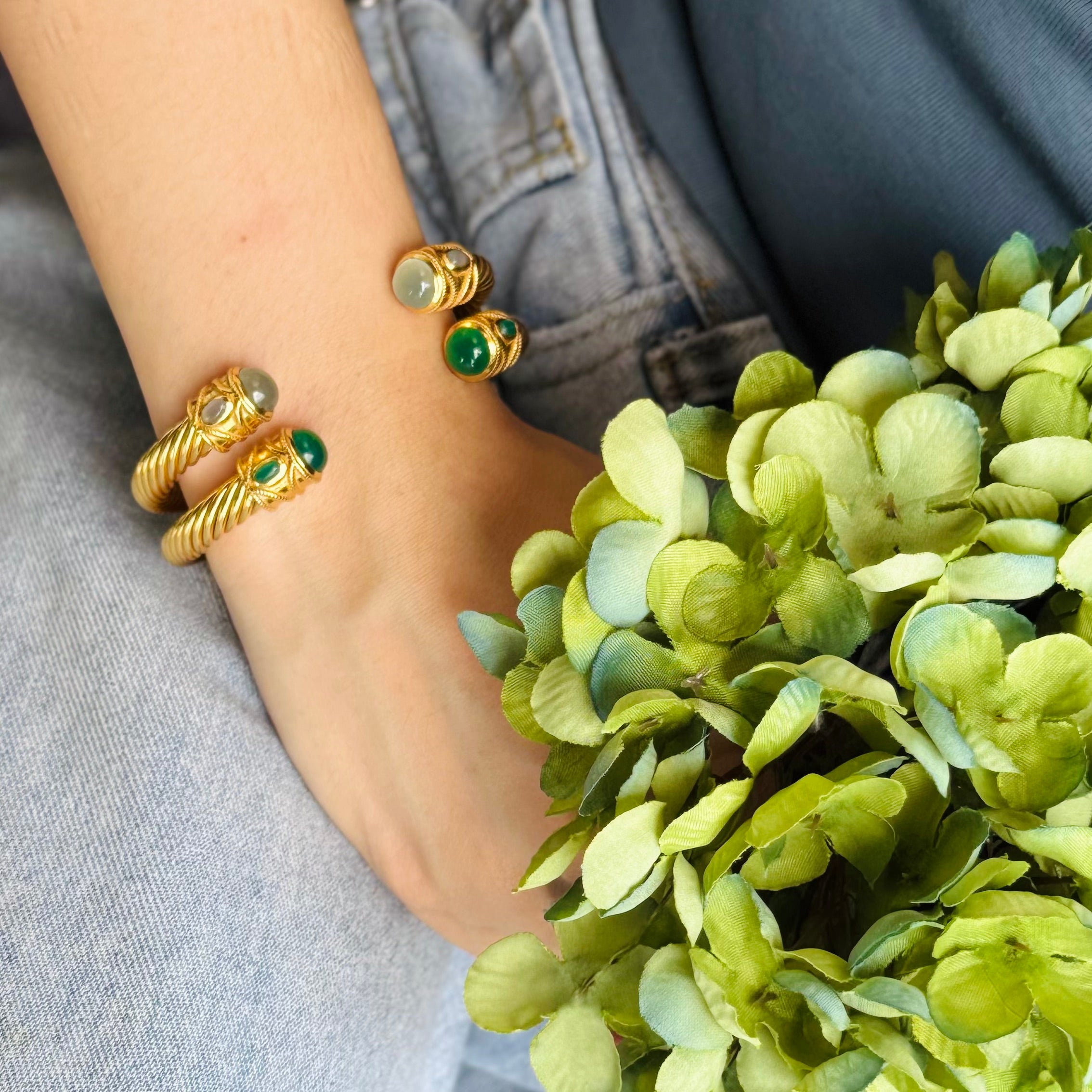 Cable Cuff in Aqua Chalcedony in Aqua Chalcedony, gold plated, handcrafted gemstone bracelets Singapore