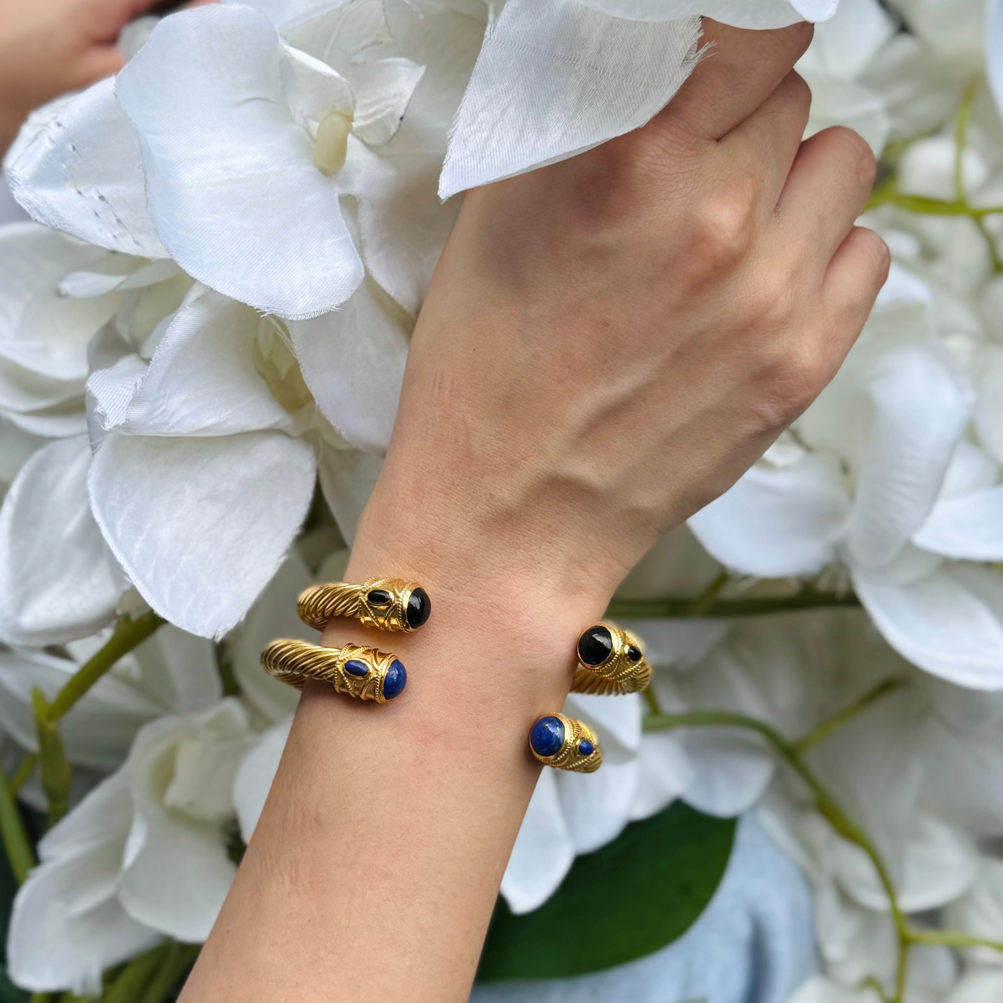 Cable Cuff in Black Onyx in Black Onyx, gold plated, handcrafted gemstone bracelets Singapore