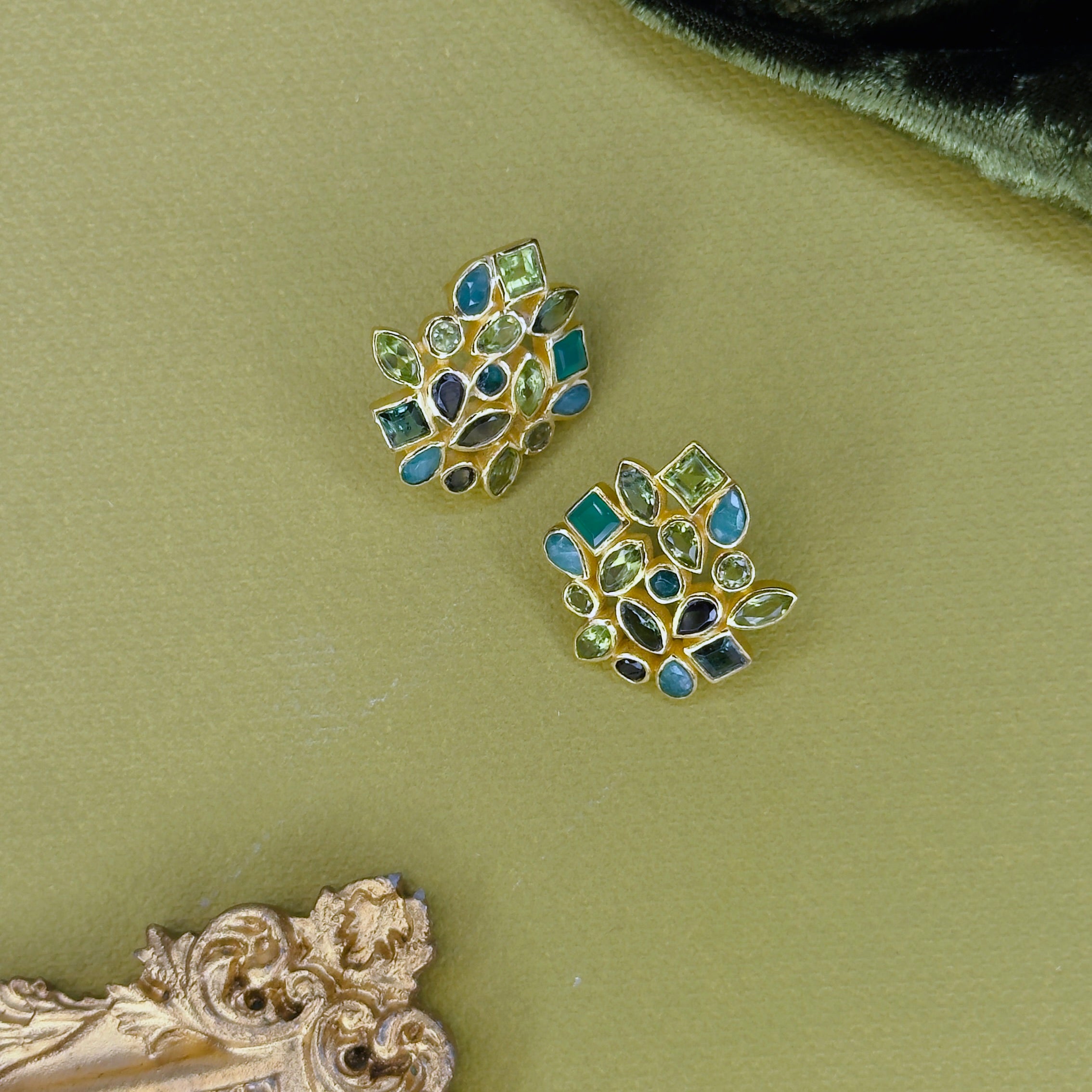 Cluster Earrings in Mixed Greens in Green Onyx, gold plated, handcrafted gemstone earrings Singapore