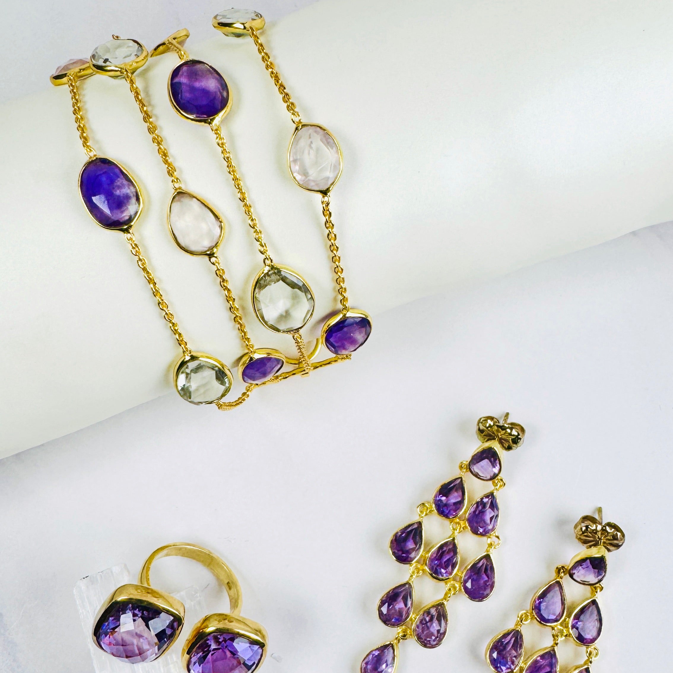 4-Line Bracelet in Amethyst, Prasiolite & Rose Quartz