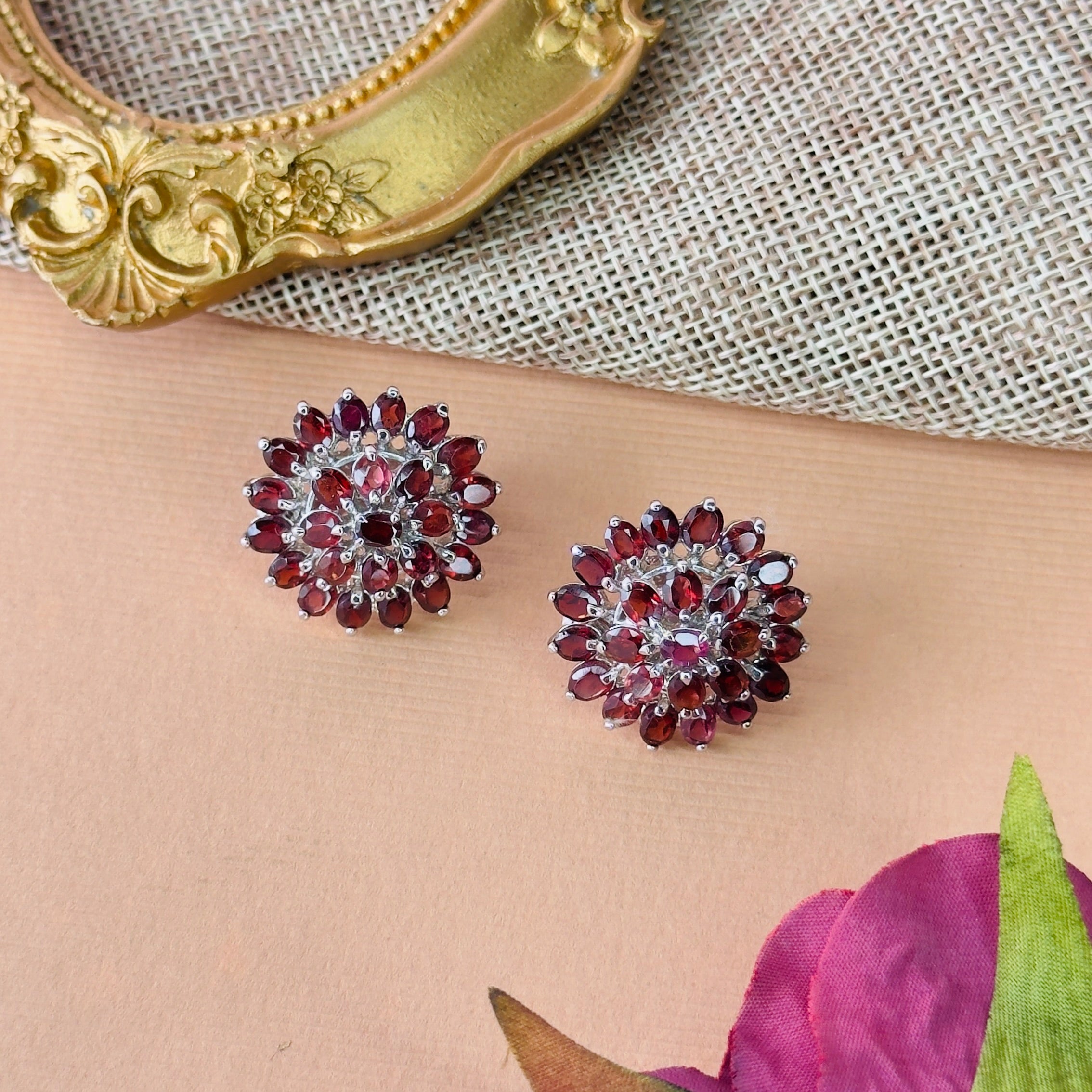 Garnet Flower in Garnet, gold plated, handcrafted gemstone earrings Singapore