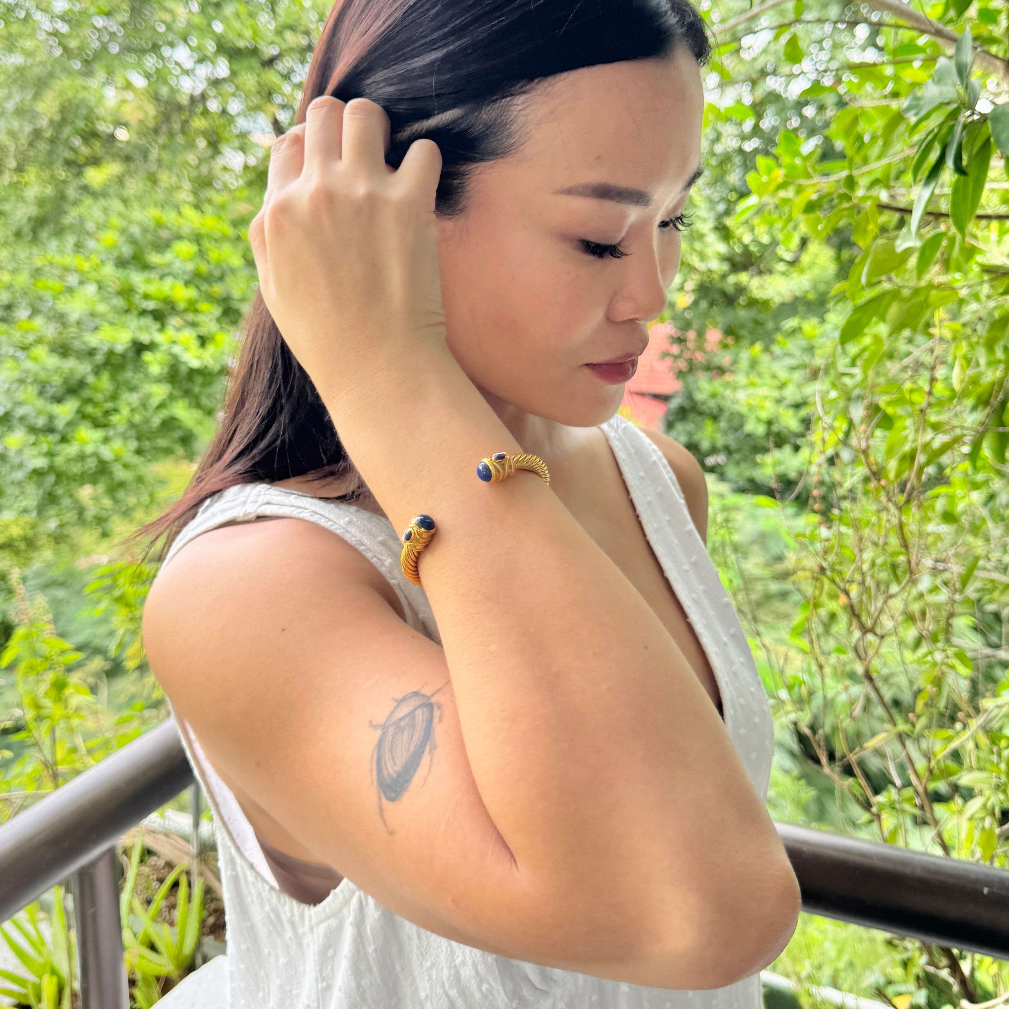 Cable cuff in Lapis Lazuli in Lapis Lazuli, gold plated, handcrafted gemstone bracelets Singapore