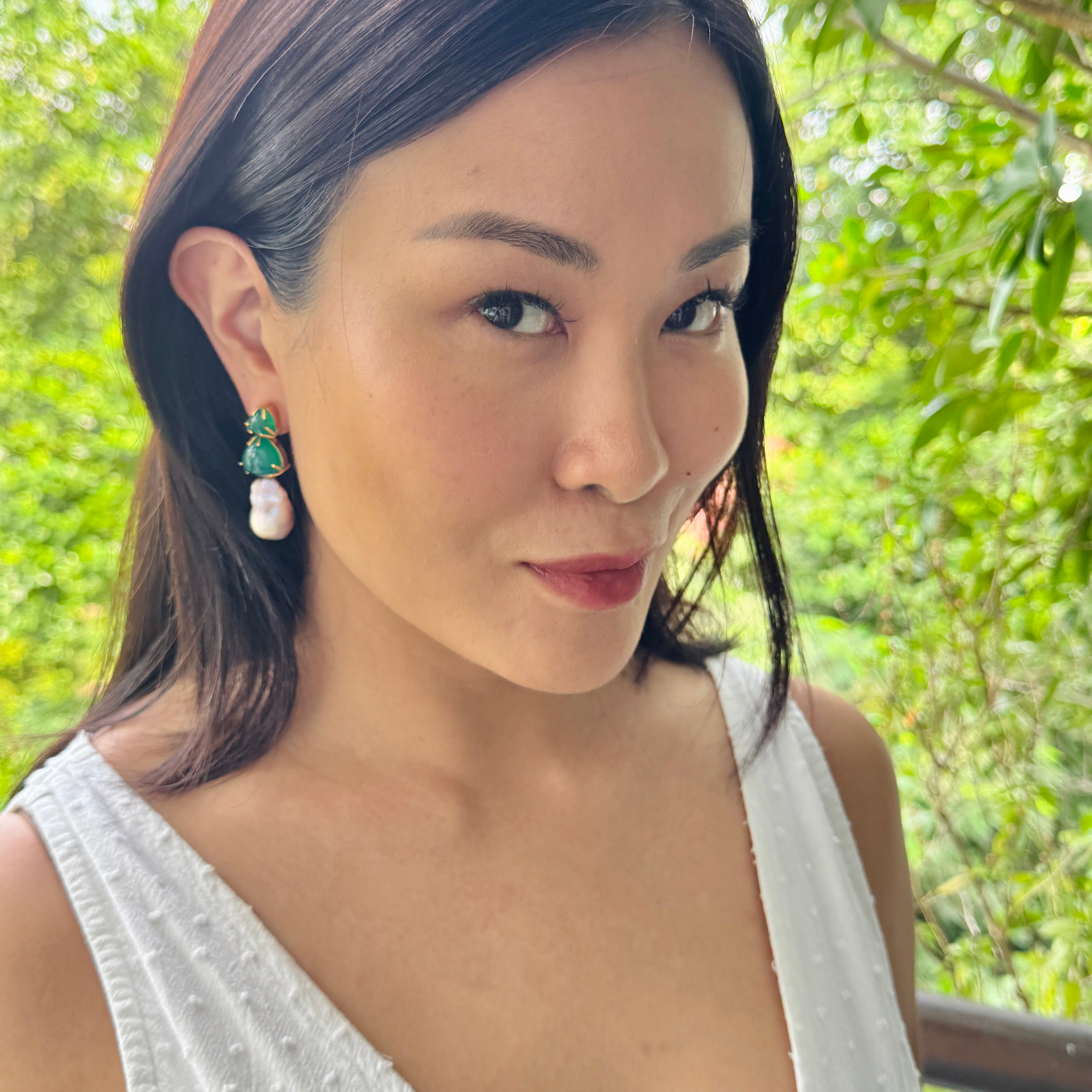 Green Onyx & Baroque Pearl Trio in Green Onyx, gold plated, handcrafted gemstone earrings Singapore