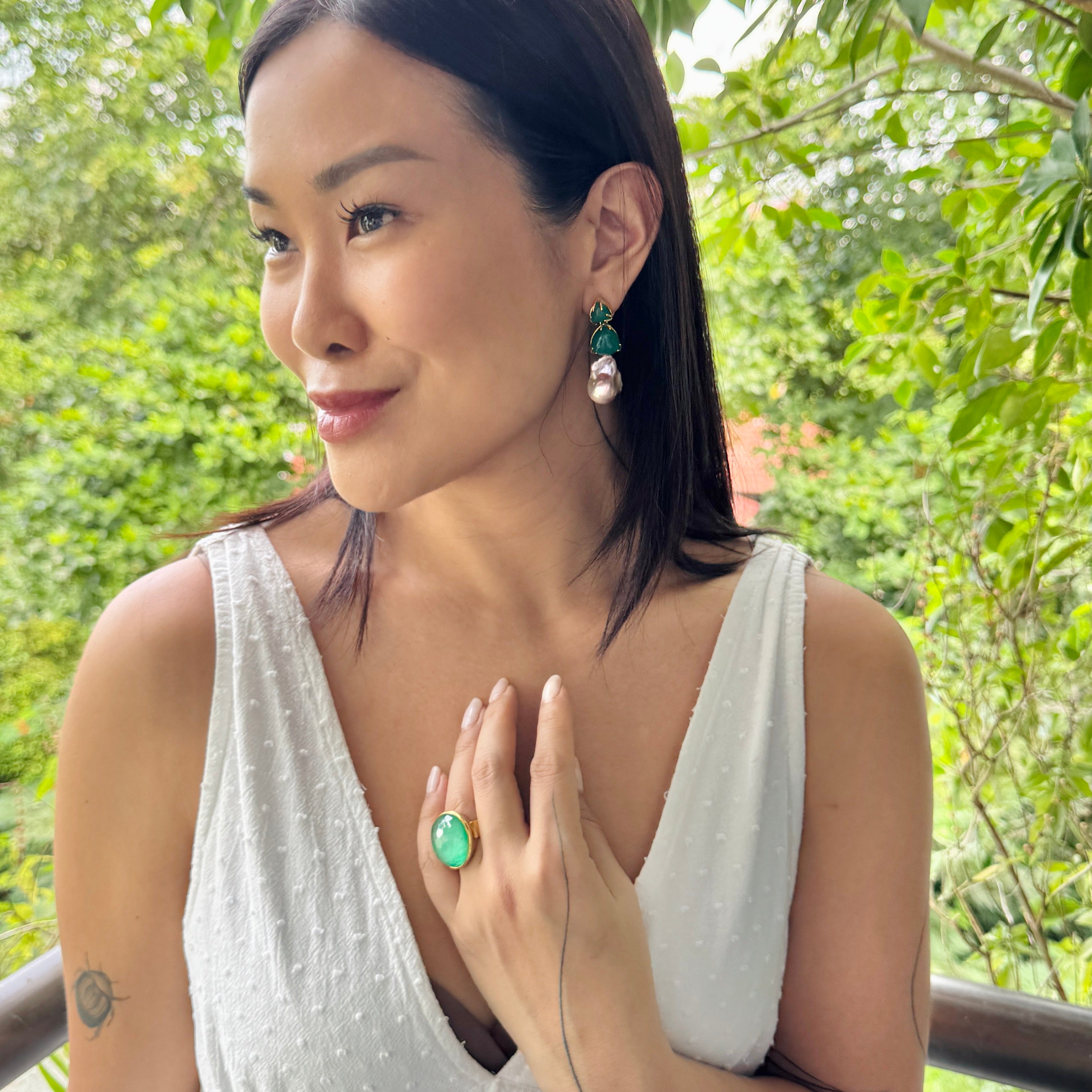 Green Onyx & Baroque Pearl Trio in Green Onyx, gold plated, handcrafted gemstone earrings Singapore