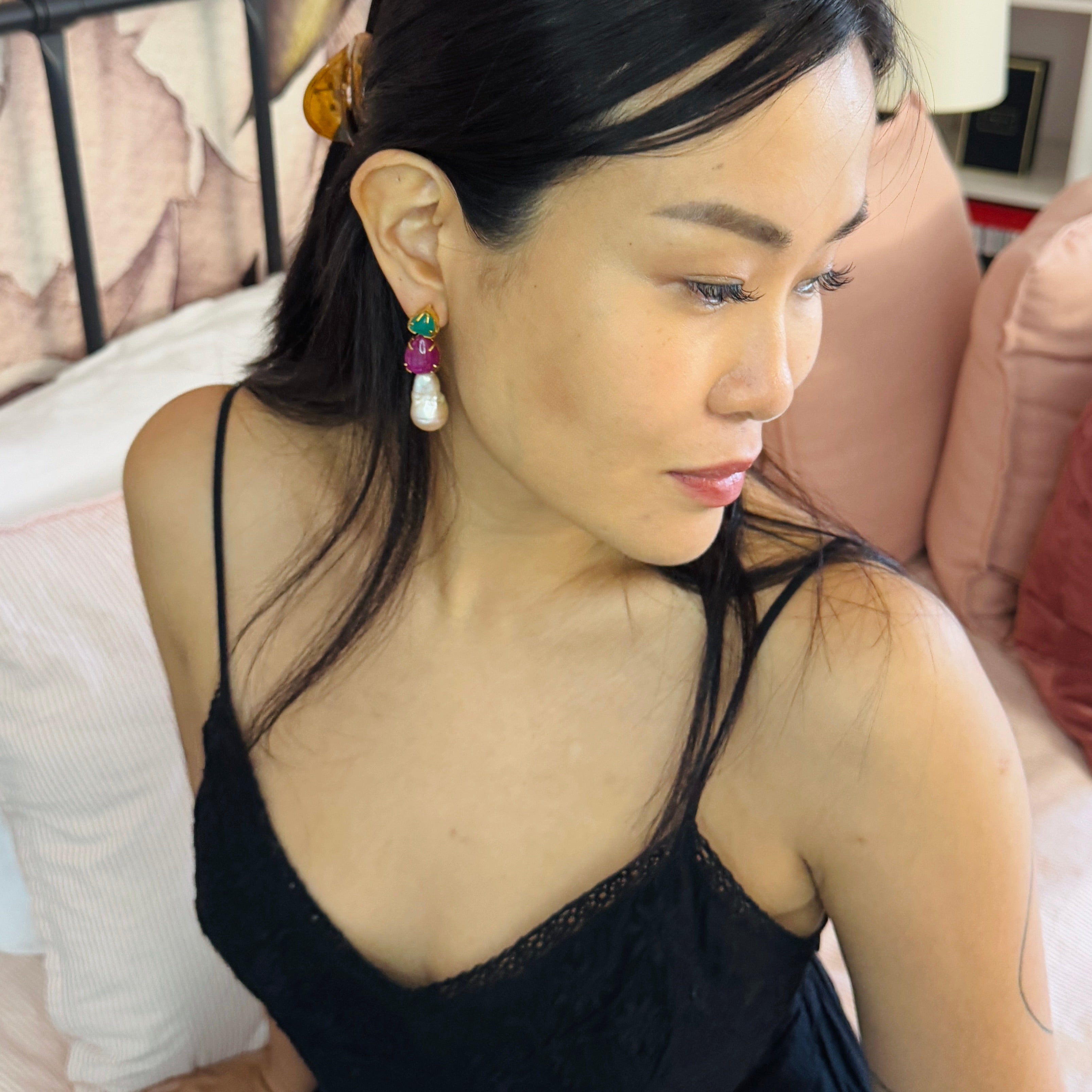 Green Onyx, Ruby & Baroque Pearl Trio in Green Onyx, gold plated, handcrafted gemstone earrings Singapore