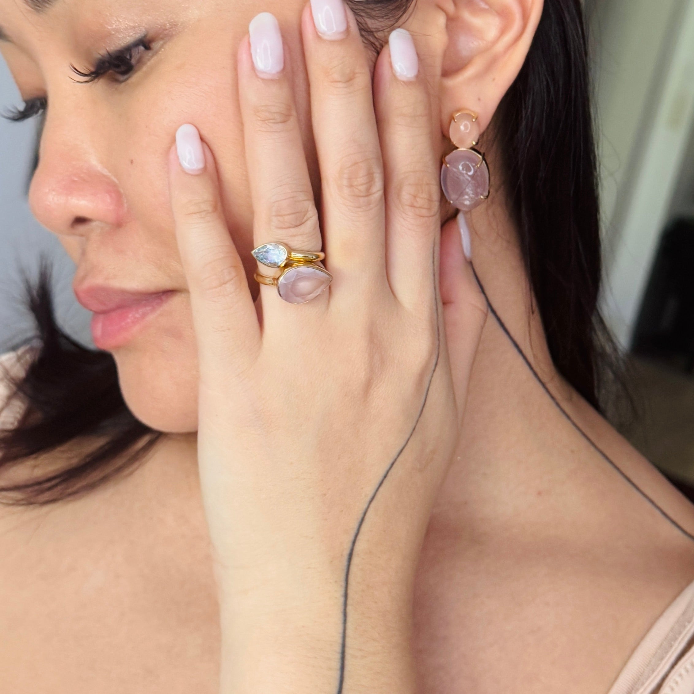 Rose Quartz Duo in Rose Quartz, gold plated, handcrafted gemstone earrings Singapore