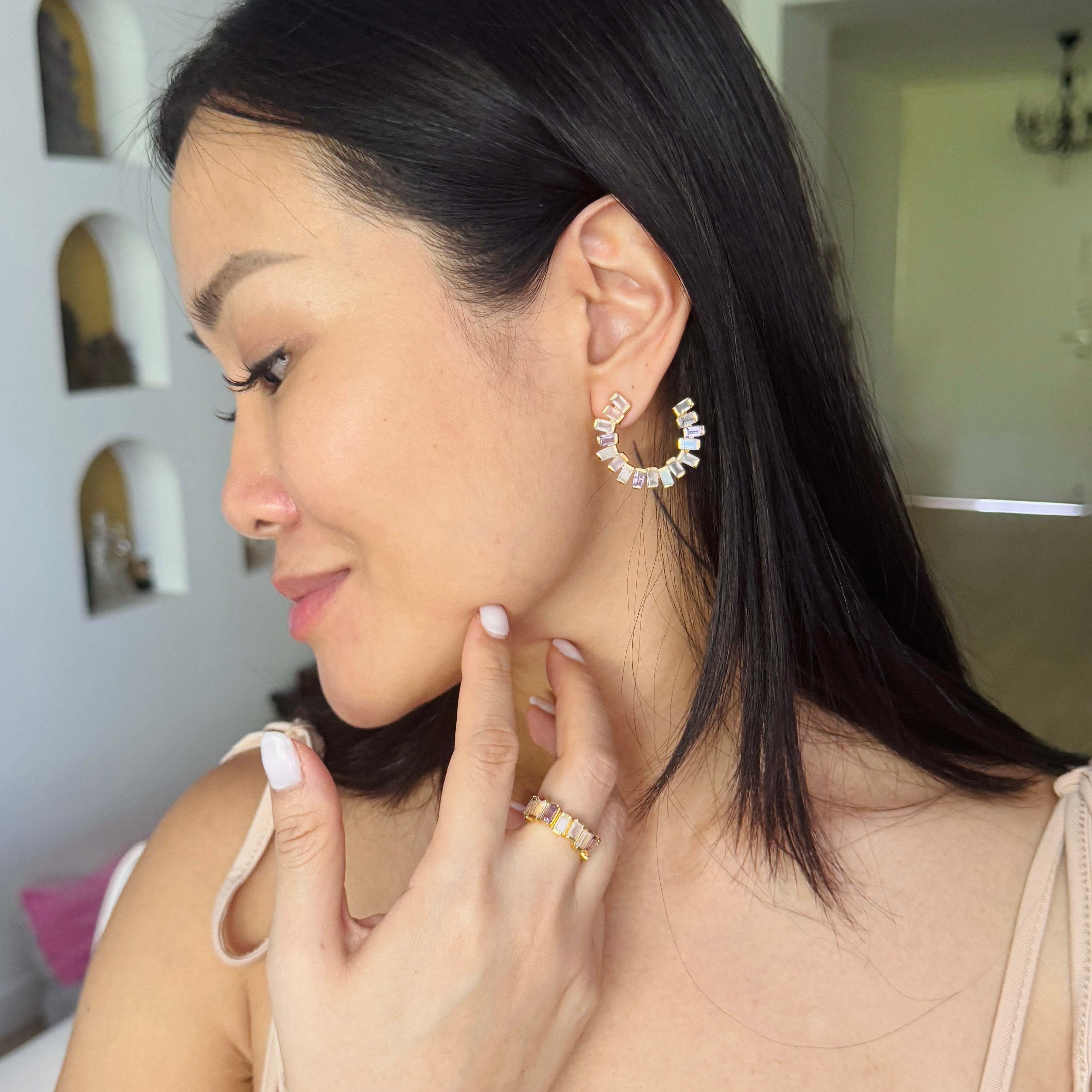 Open Gemstone Hoops in Iolite, Moonstone & Rose Quartz in Iolite, gold plated, handcrafted gemstone earrings Singapore