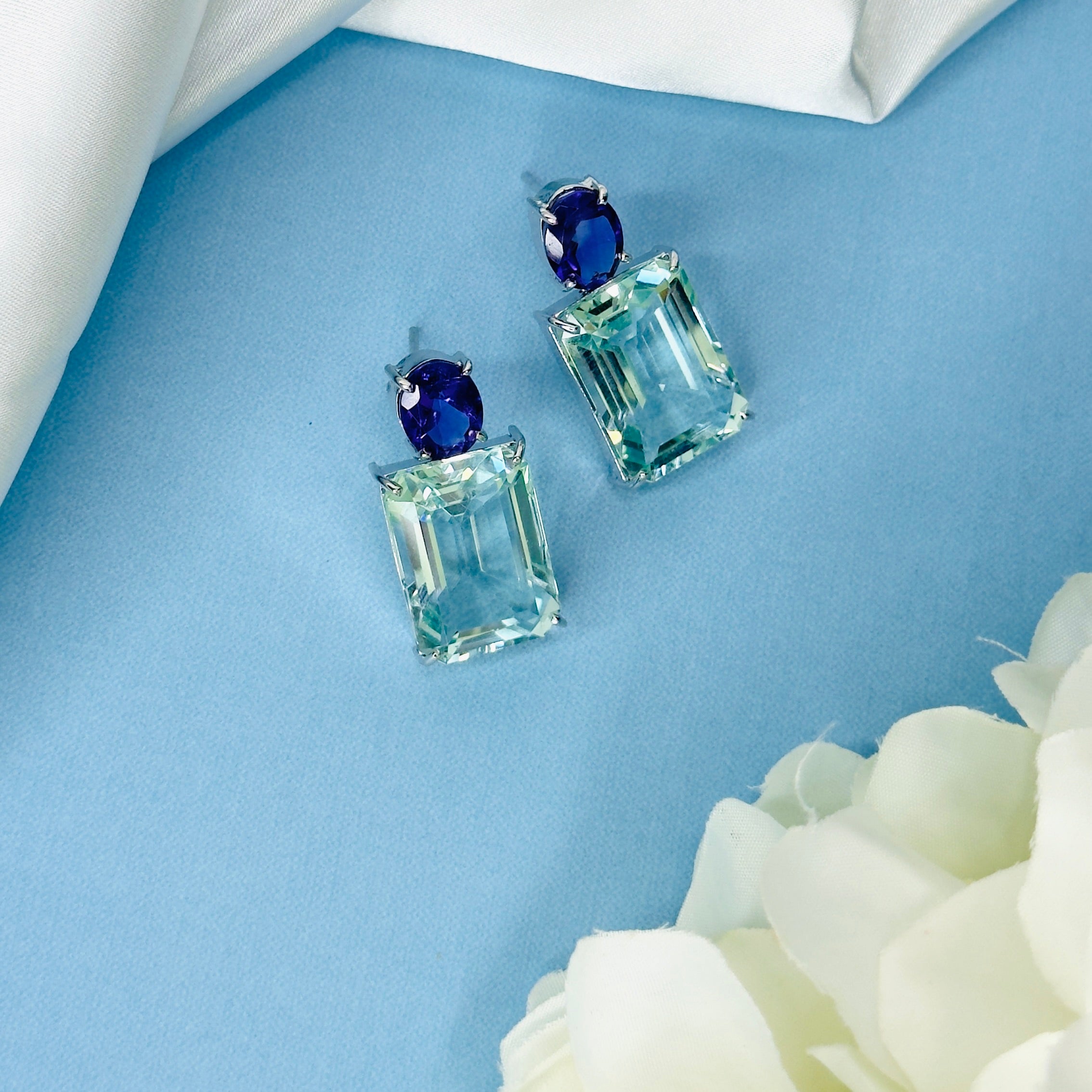 Amethyst & Aquamarine Duo Earrings in Amethyst, gold plated, handcrafted gemstone earrings Singapore