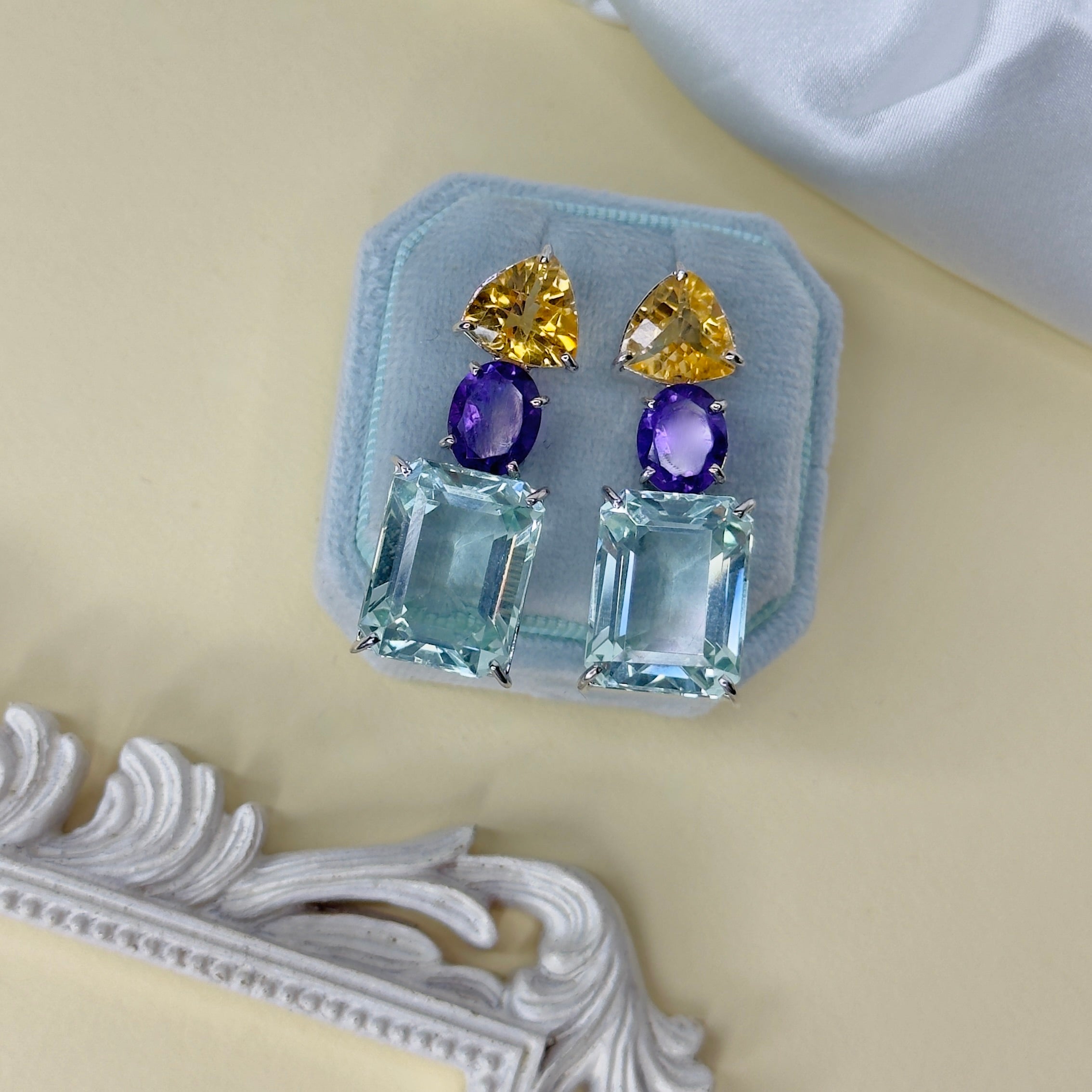 Citrine, Amethyst & Aquamarine Trio in Amethyst, gold plated, handcrafted gemstone earrings Singapore