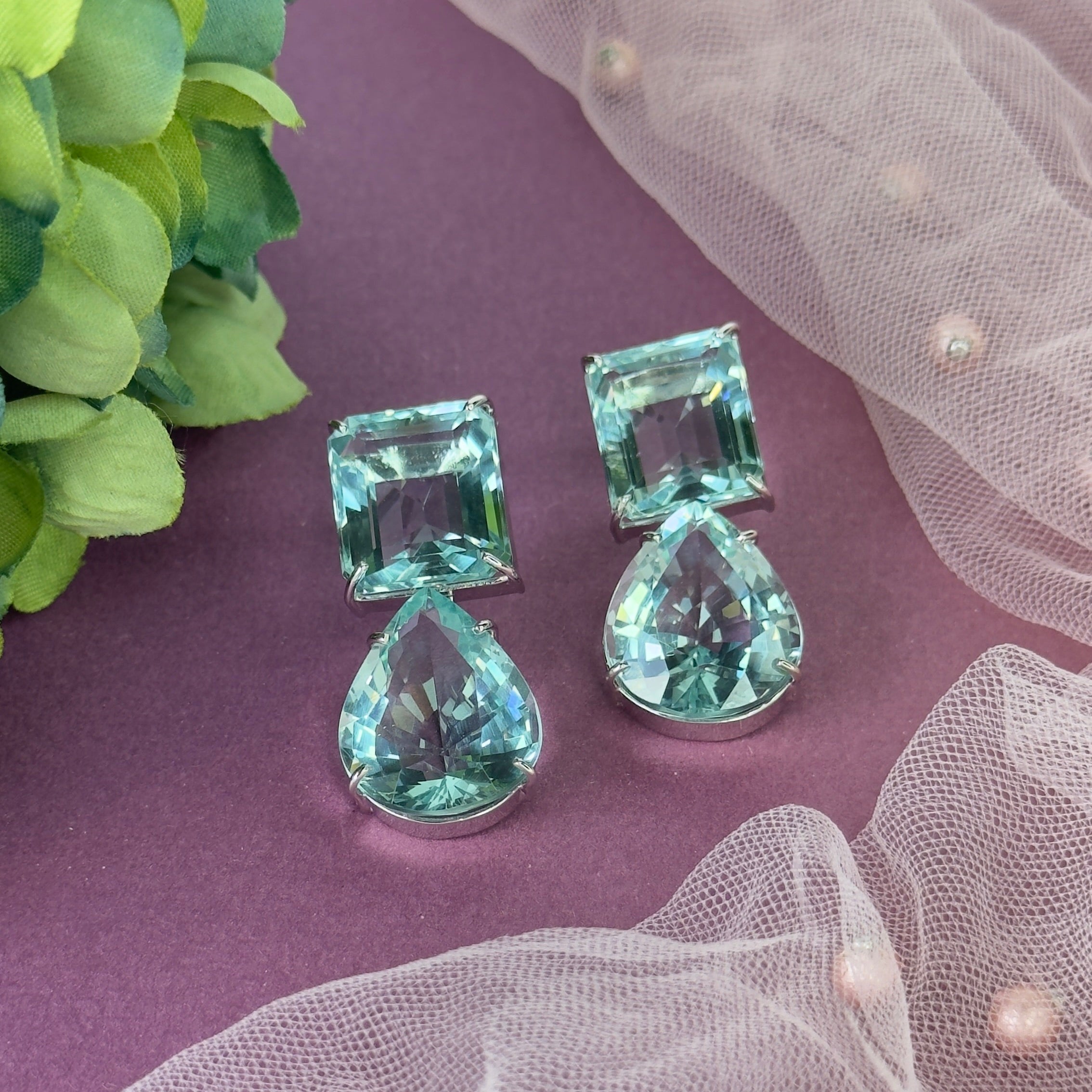 Aquamarine Duo in Aquamarine, gold plated, handcrafted gemstone earrings Singapore
