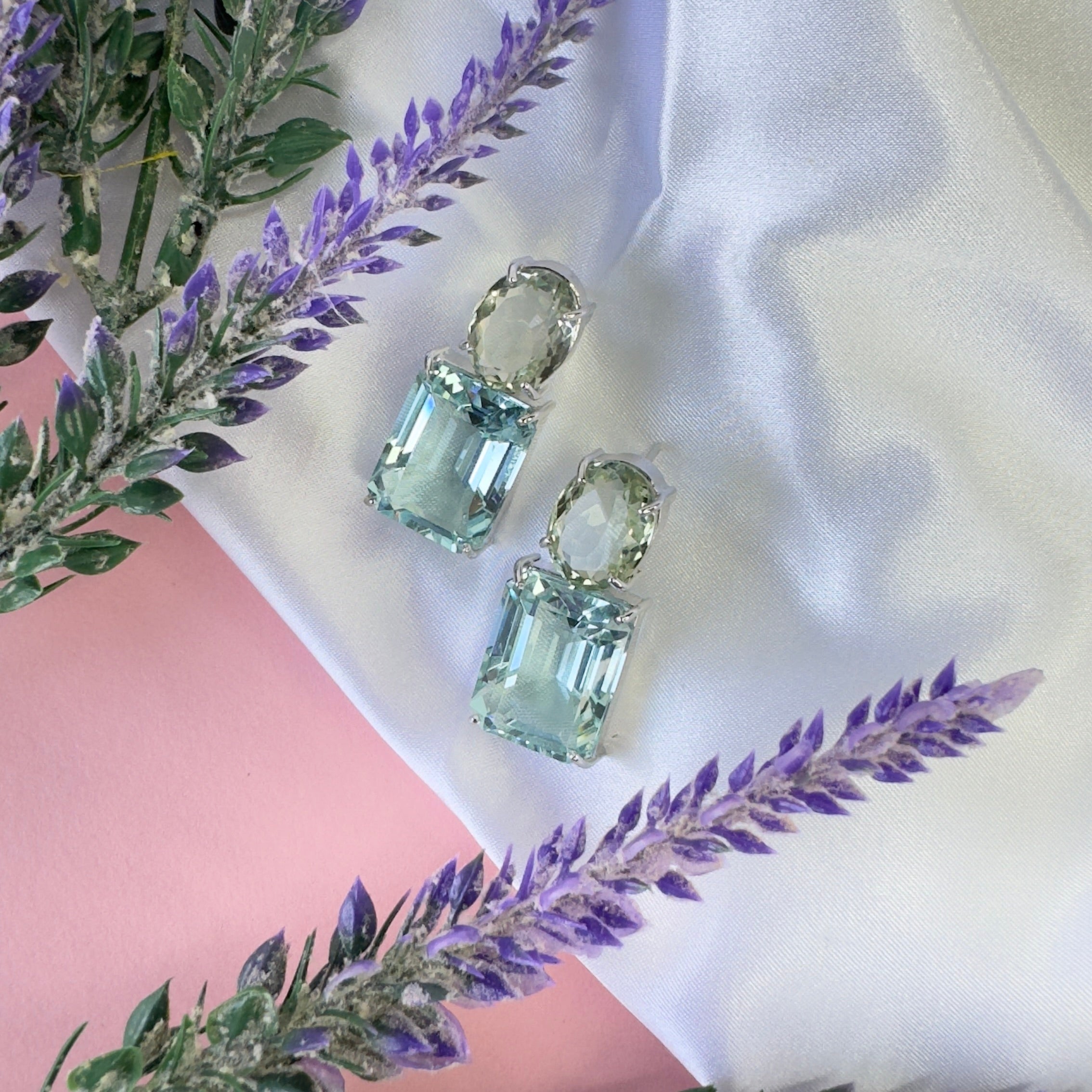 Prasiolite & Aquamarine Duo in Prasiolite, gold plated, handcrafted gemstone earrings Singapore