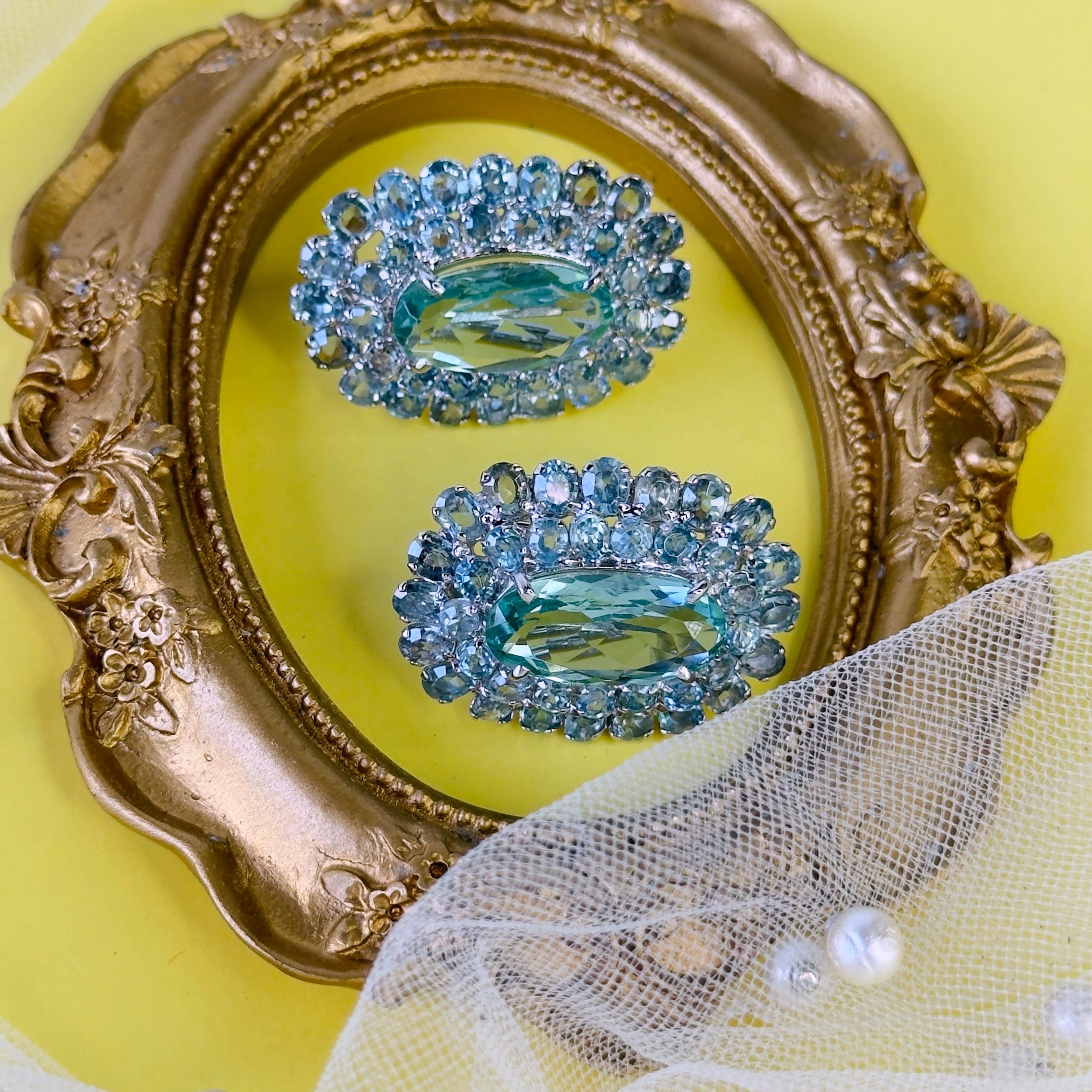Blue Topaz & Prasiolite Cluster in Blue Topaz, gold plated, handcrafted gemstone earrings Singapore