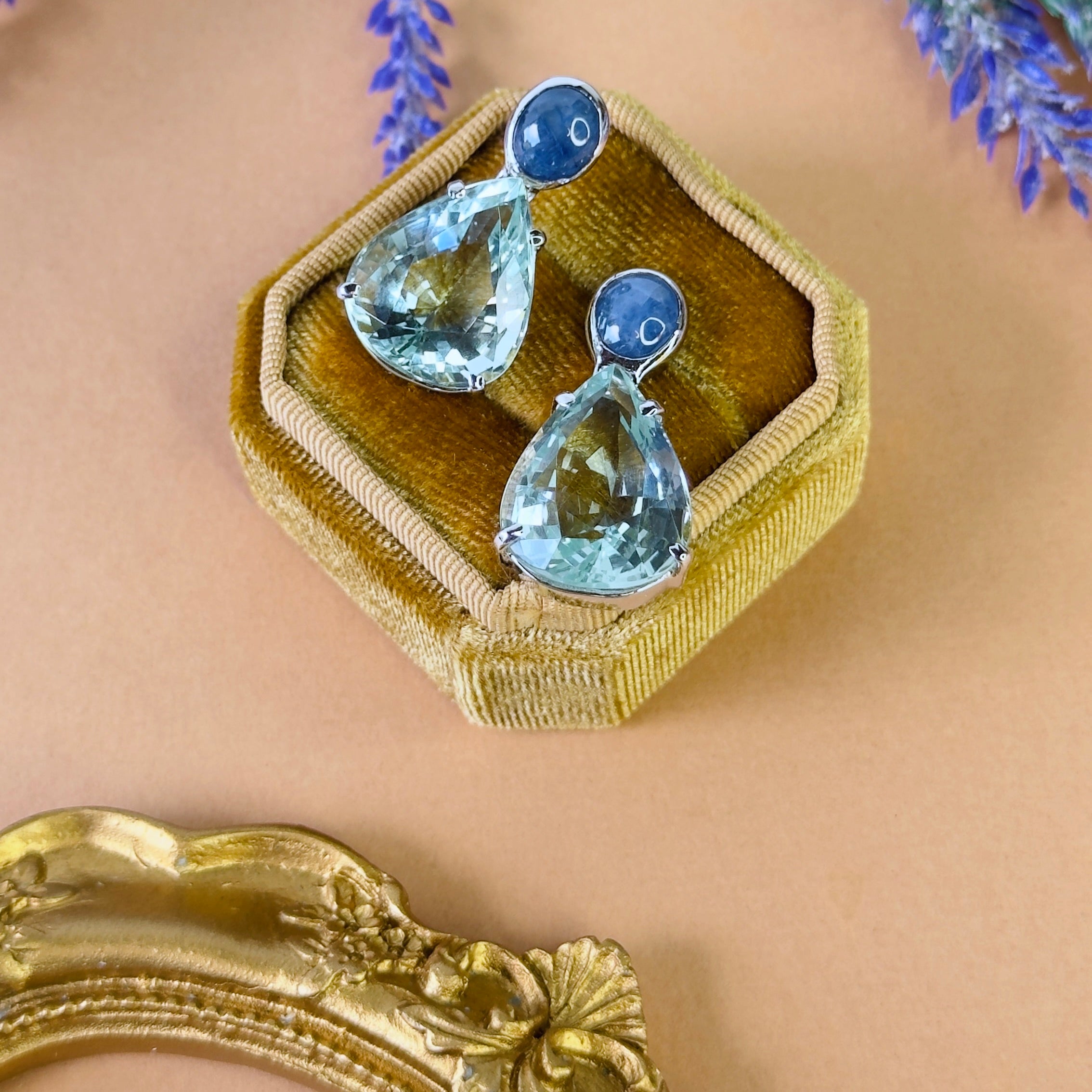 Sapphire & Aquamarine Teardrops in Blue Sapphire, gold plated, handcrafted gemstone earrings Singapore