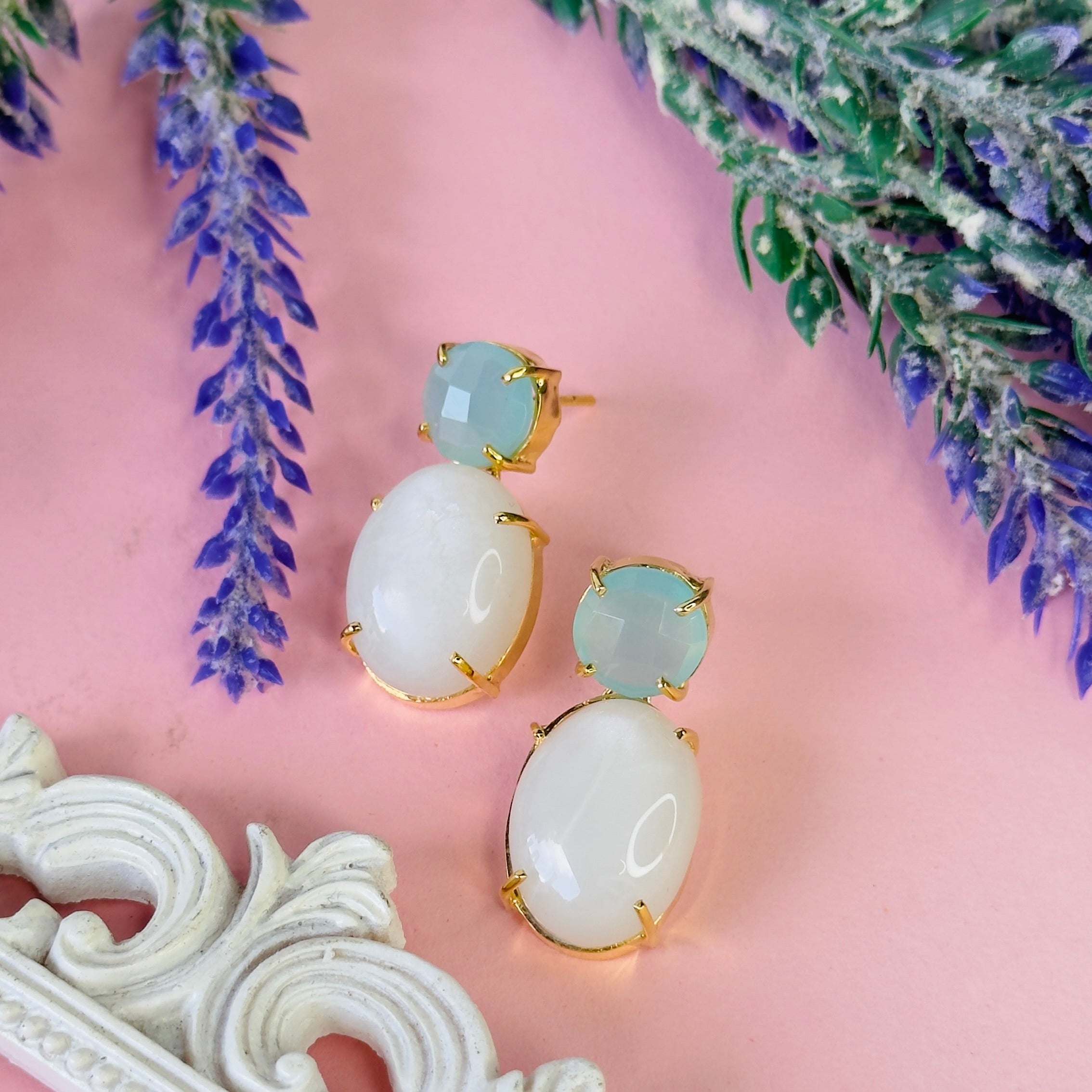 Aqua Chalcedony & Cat's Eye Moonstone Duo in Aqua Chalcedony, gold plated, handcrafted gemstone earrings Singapore