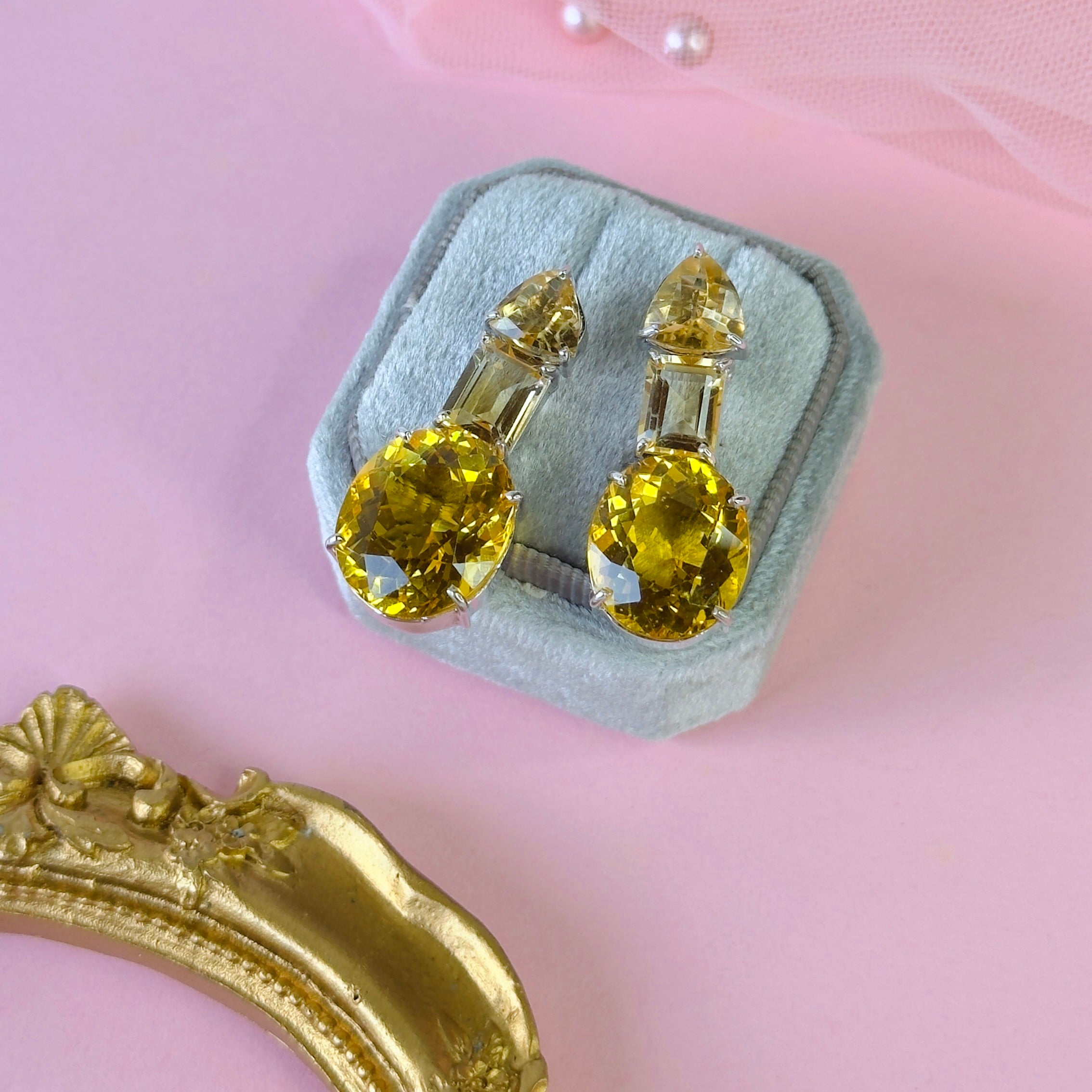 Lemon Quartz & Citrine Trio in Citrine, gold plated, handcrafted gemstone earrings Singapore
