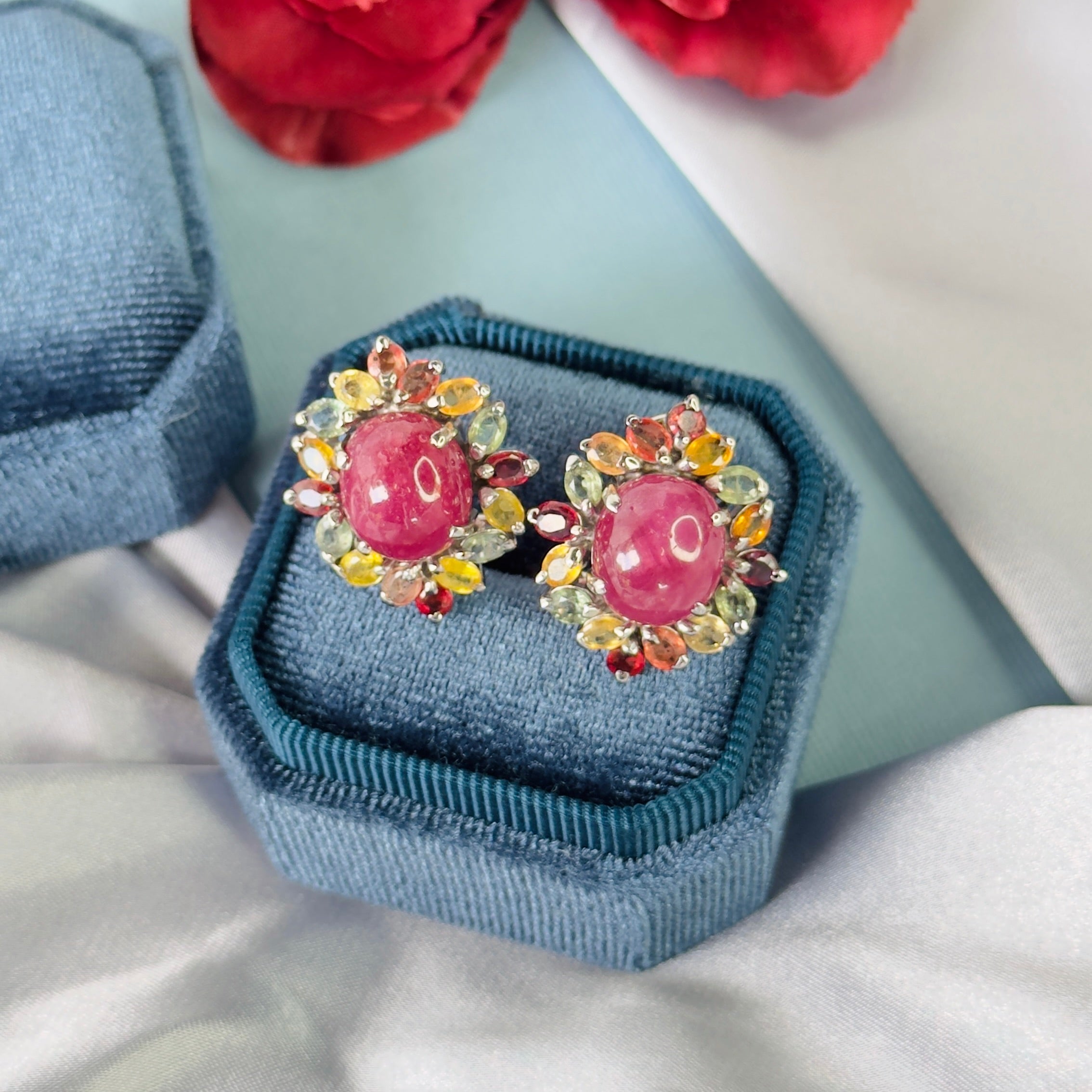 Ruby & Multi Sapphires in Ruby, gold plated, handcrafted gemstone earrings Singapore