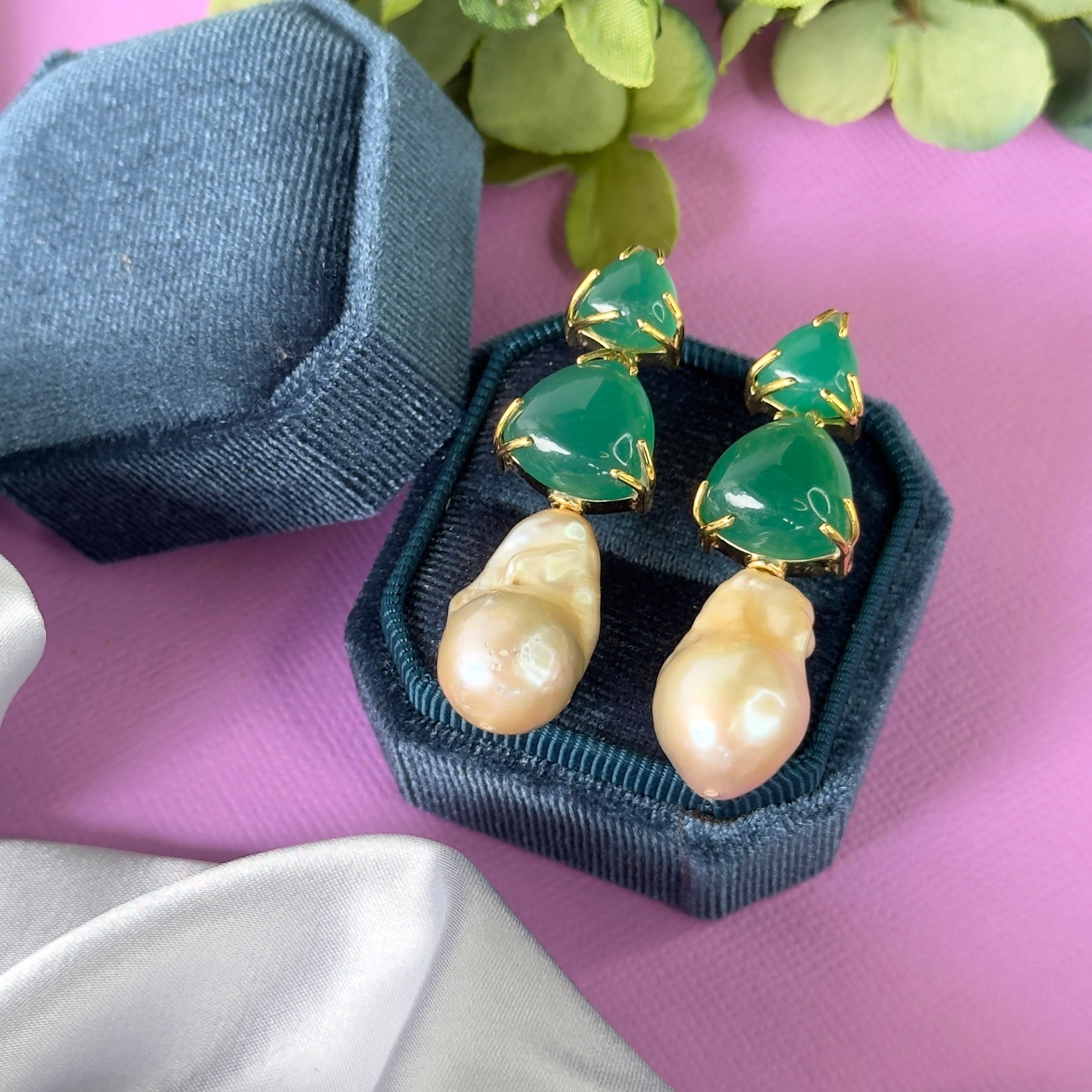 Green Onyx & Baroque Pearl Trio in Green Onyx, gold plated, handcrafted gemstone earrings Singapore