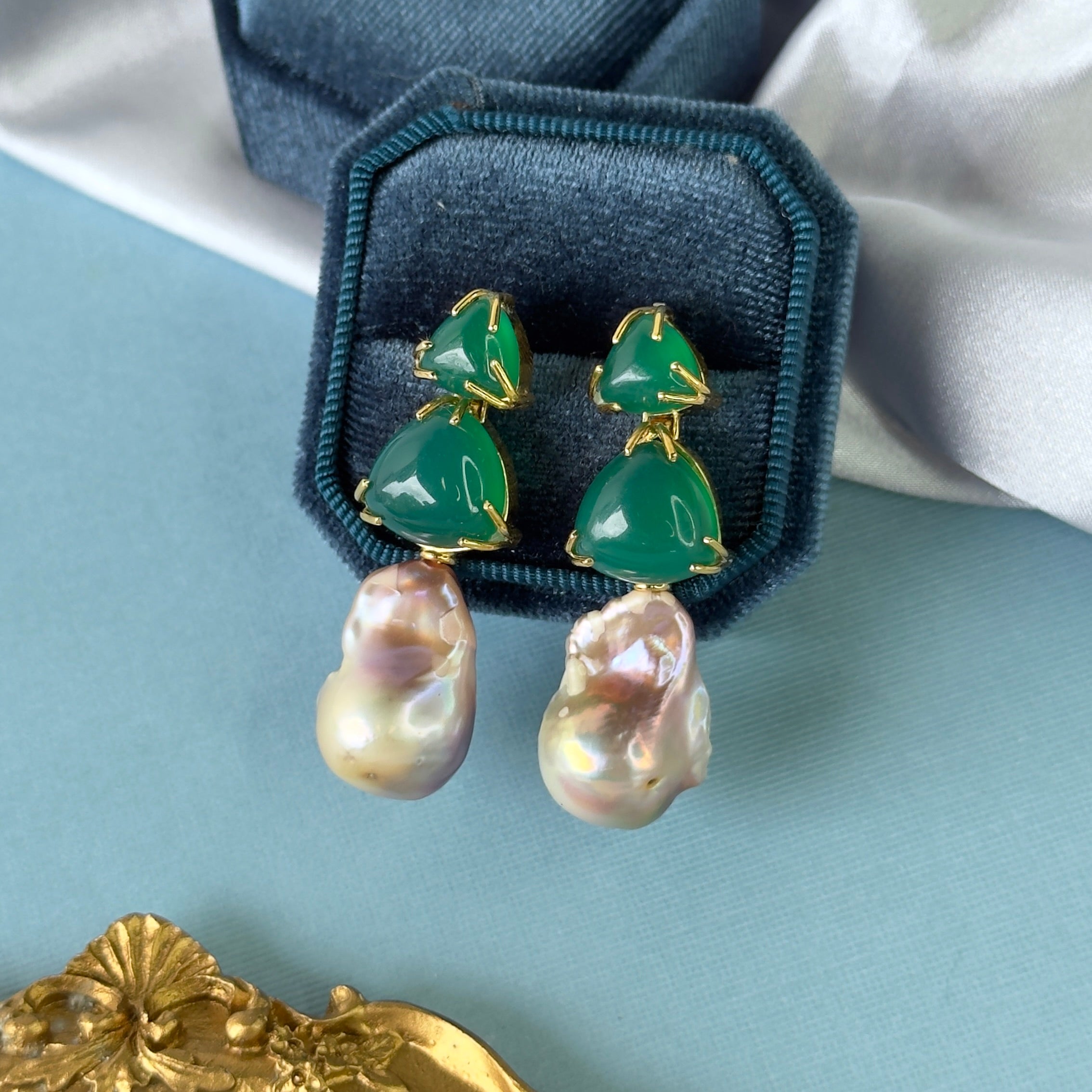 Green Onyx & Baroque Pearl Trio in Green Onyx, gold plated, handcrafted gemstone earrings Singapore