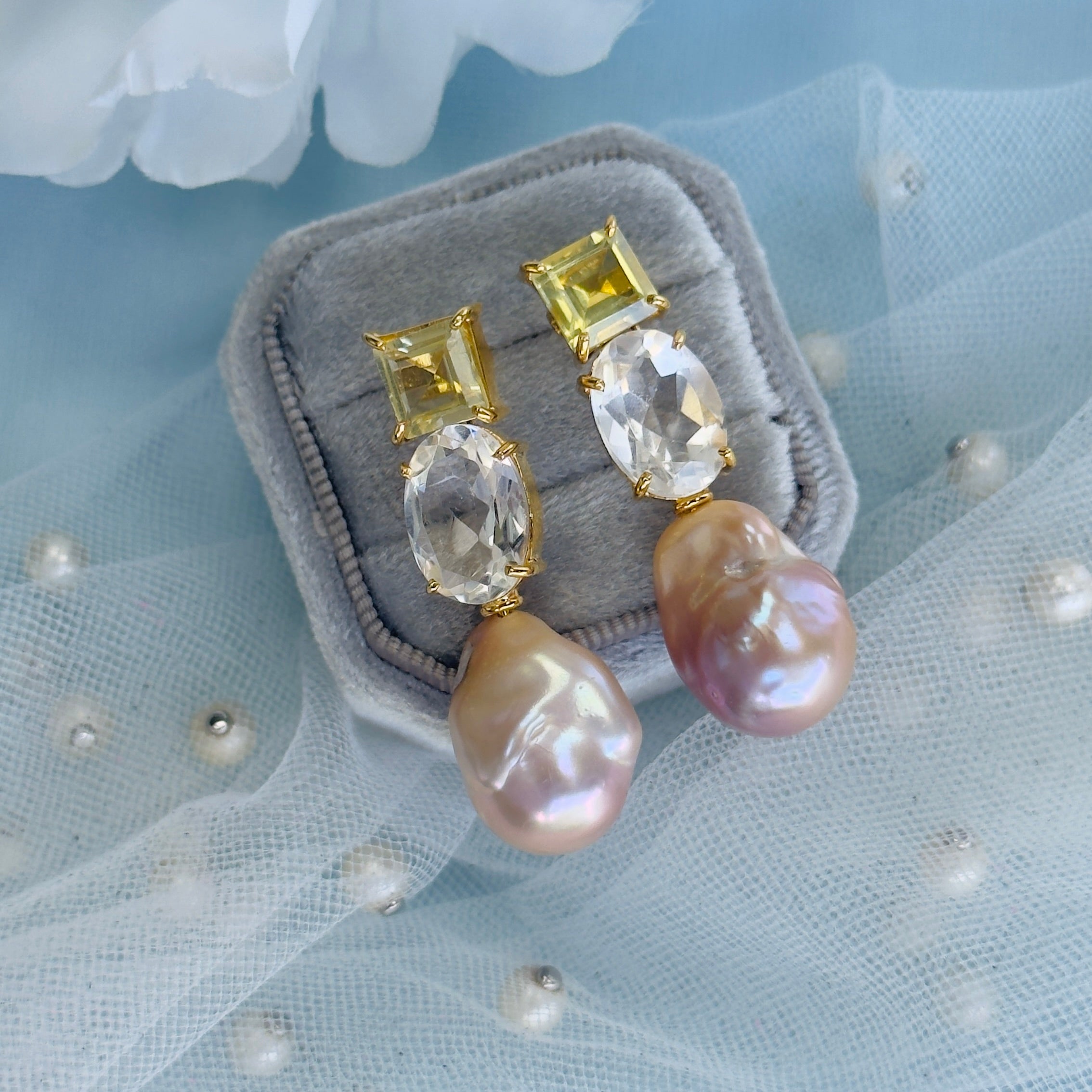 Lemon Quartz, Clear Crystal Quartz & Baroque Pearl Trio in Lemon Quartz, gold plated, handcrafted gemstone earrings Singapore