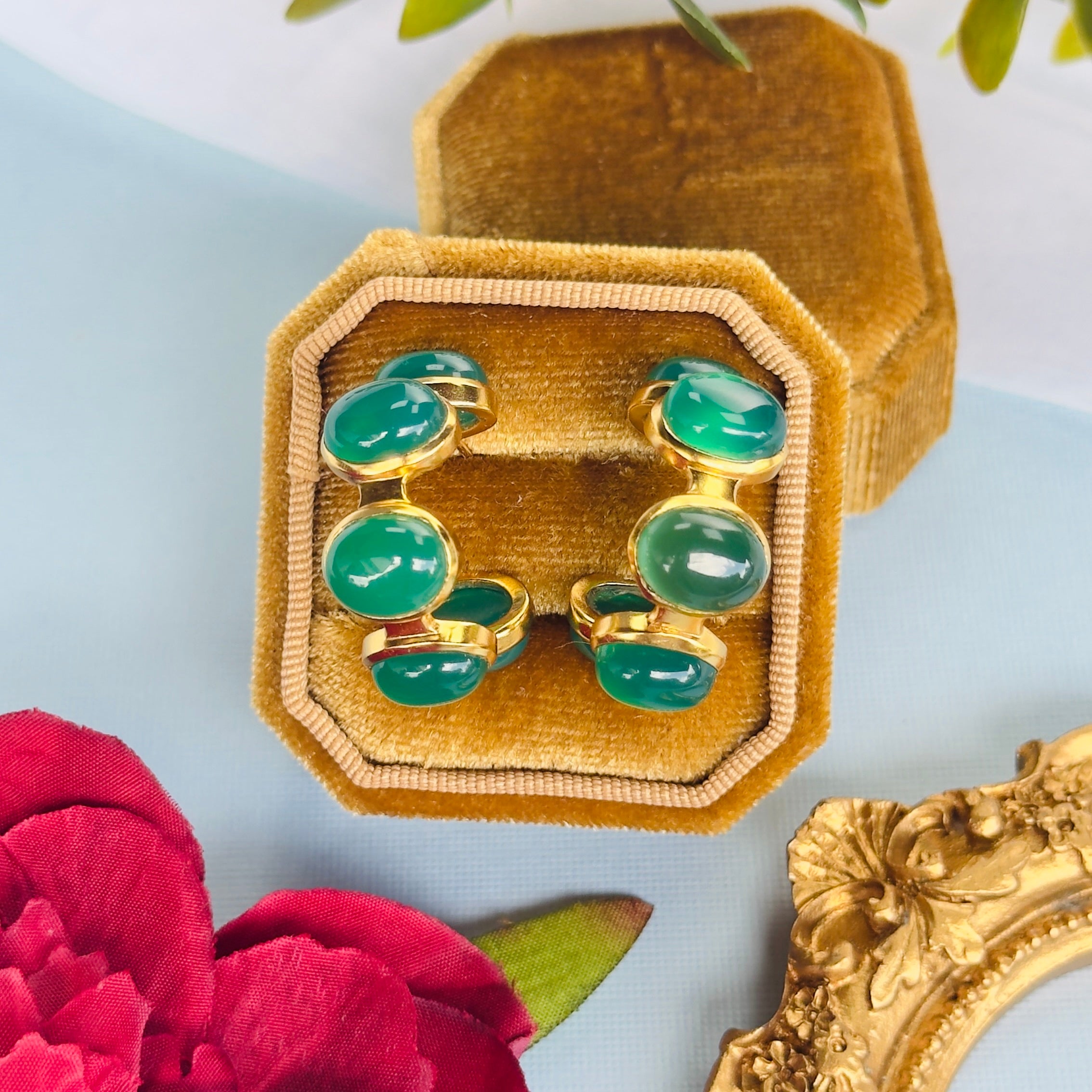 Bubble Hoop in Green Onyx in Green Onyx, gold plated, handcrafted gemstone earrings Singapore