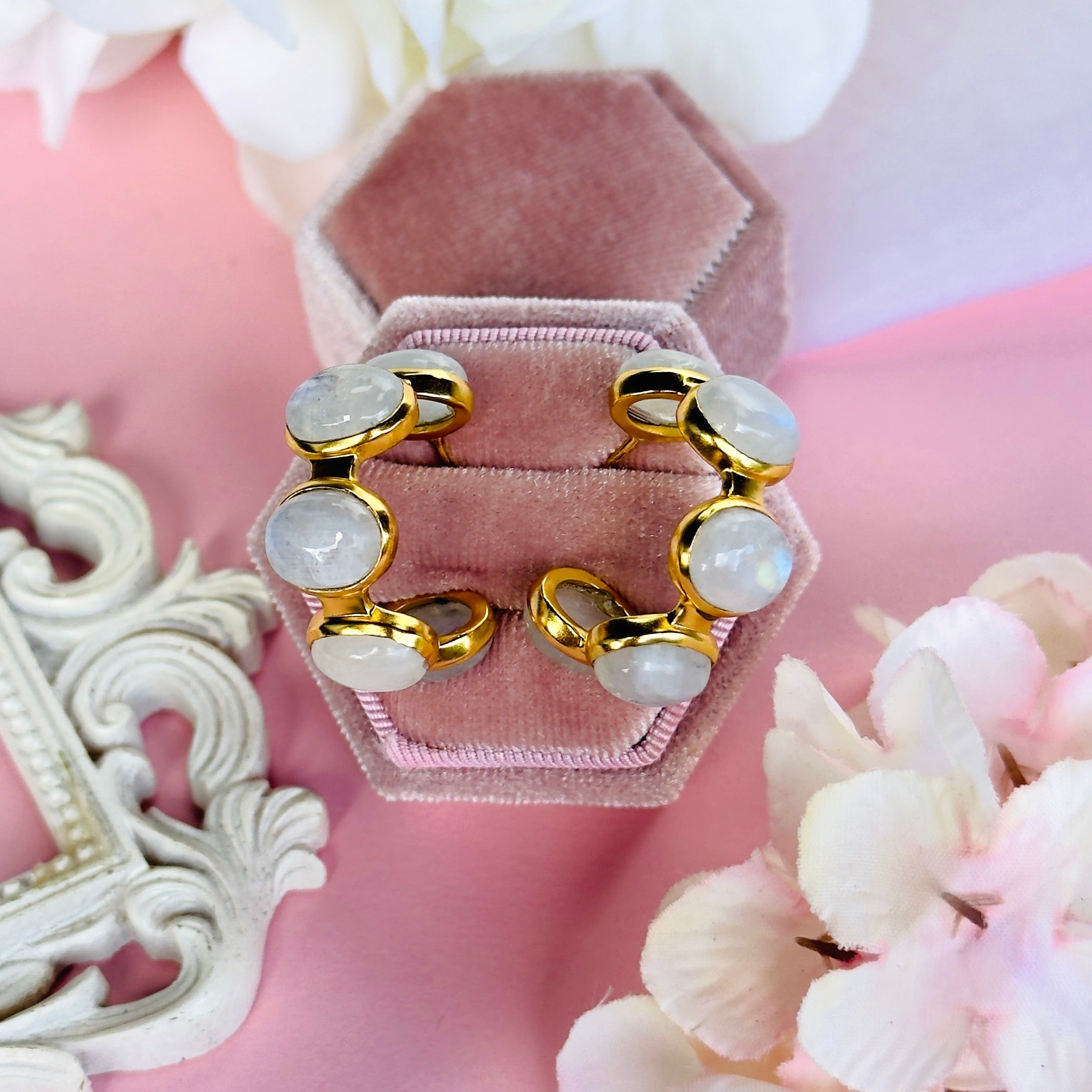 Bubble Hoop in Moonstone in Moonstone, gold plated, handcrafted gemstone earrings Singapore