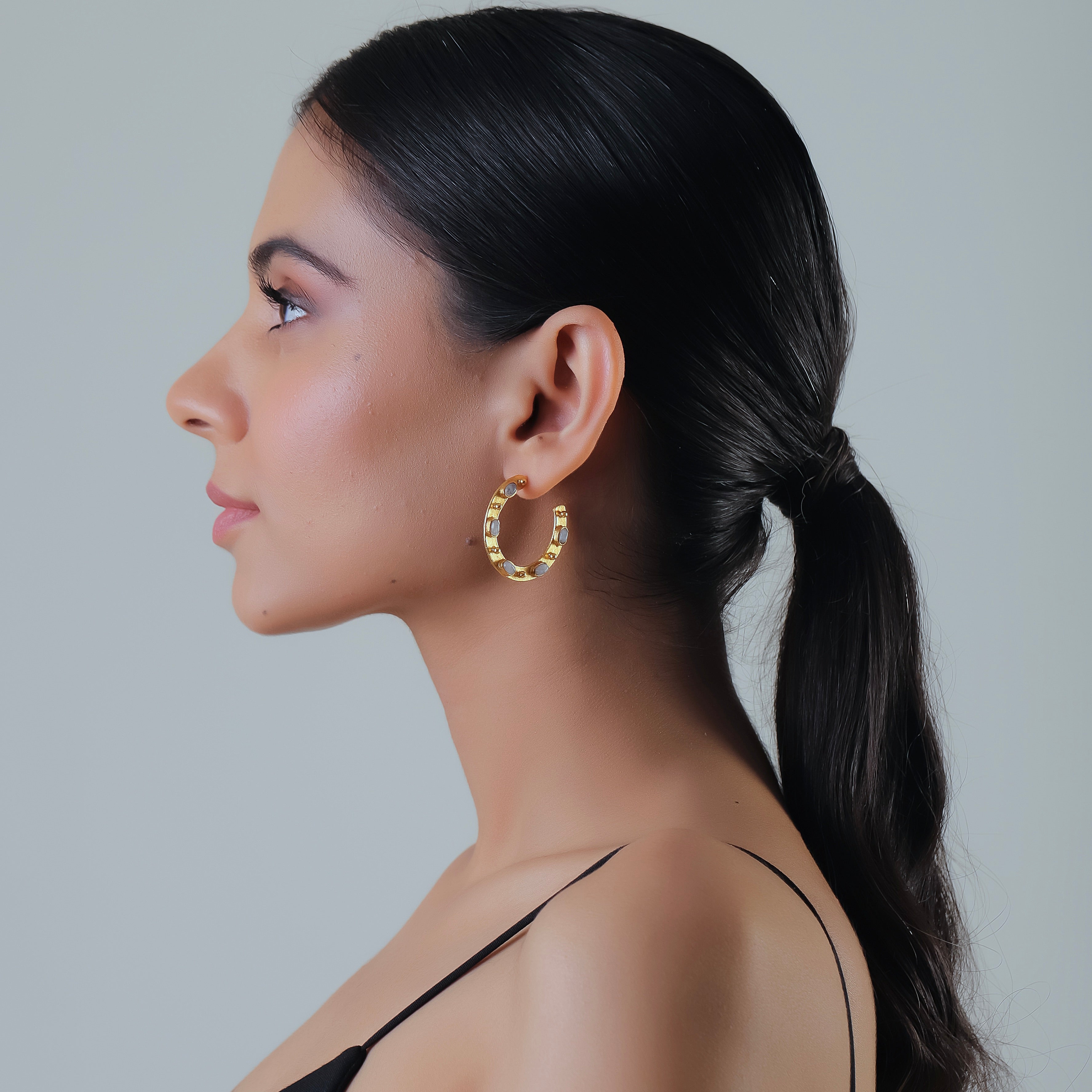 Flat Hoop Earrings in Rainbow Moonstone in Moonstone, gold plated, handcrafted gemstone earrings Singapore