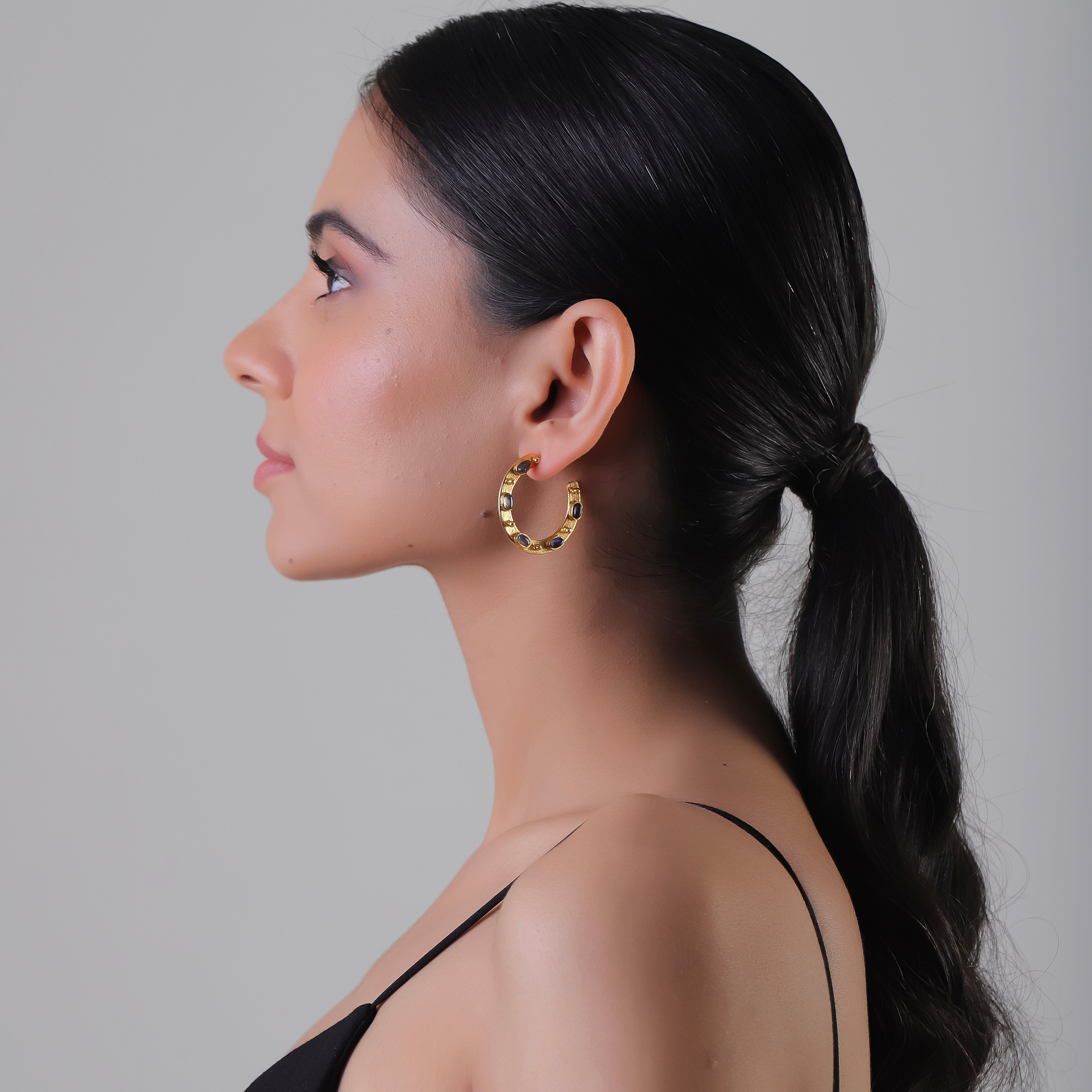 Flat Hoop Earrings in Labradorite in Labradorite, gold plated, handcrafted gemstone earrings Singapore