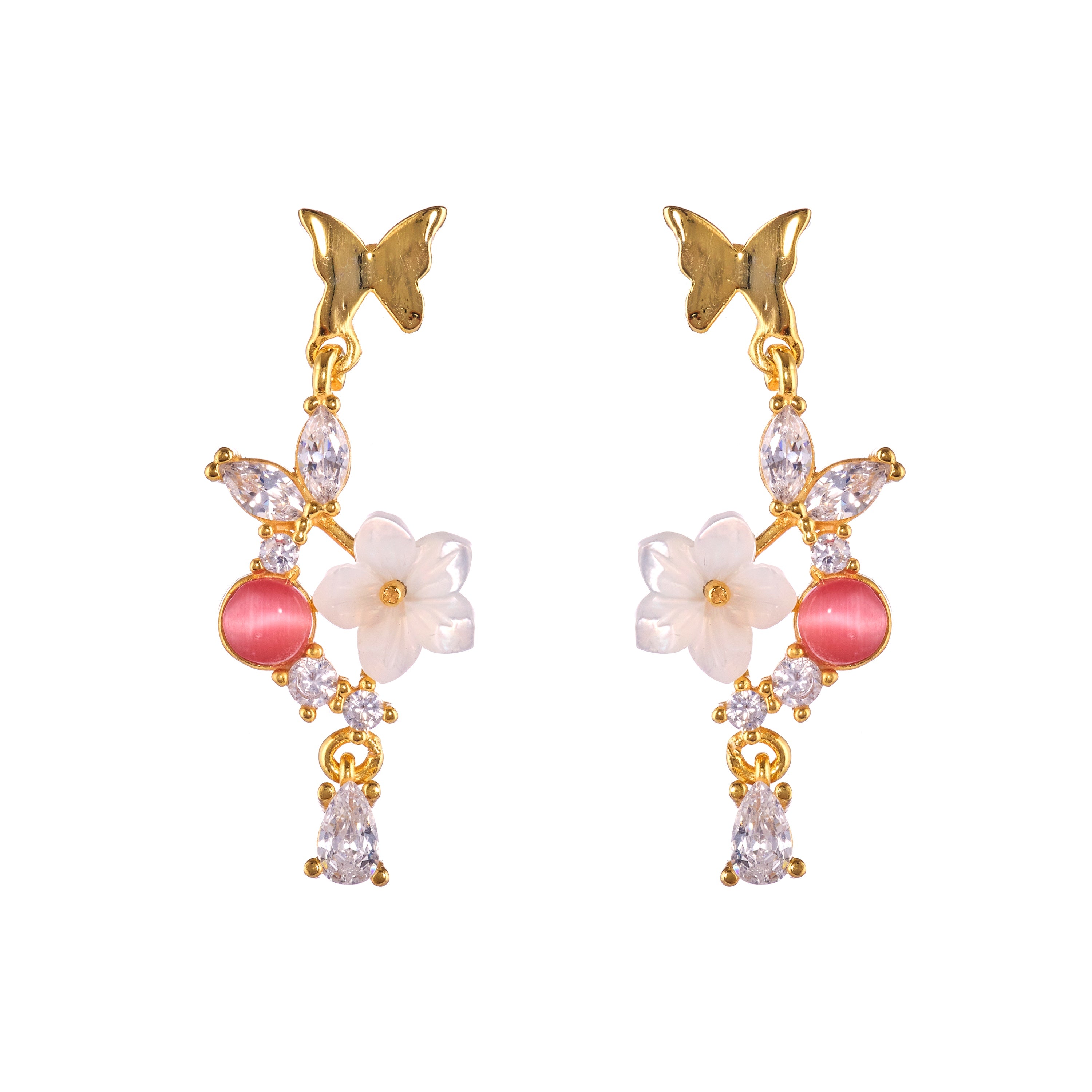 Les Jardin Posy Drop Earrings in Nacre and Pink Gems in Nacre, gold plated, handcrafted gemstone earrings Singapore